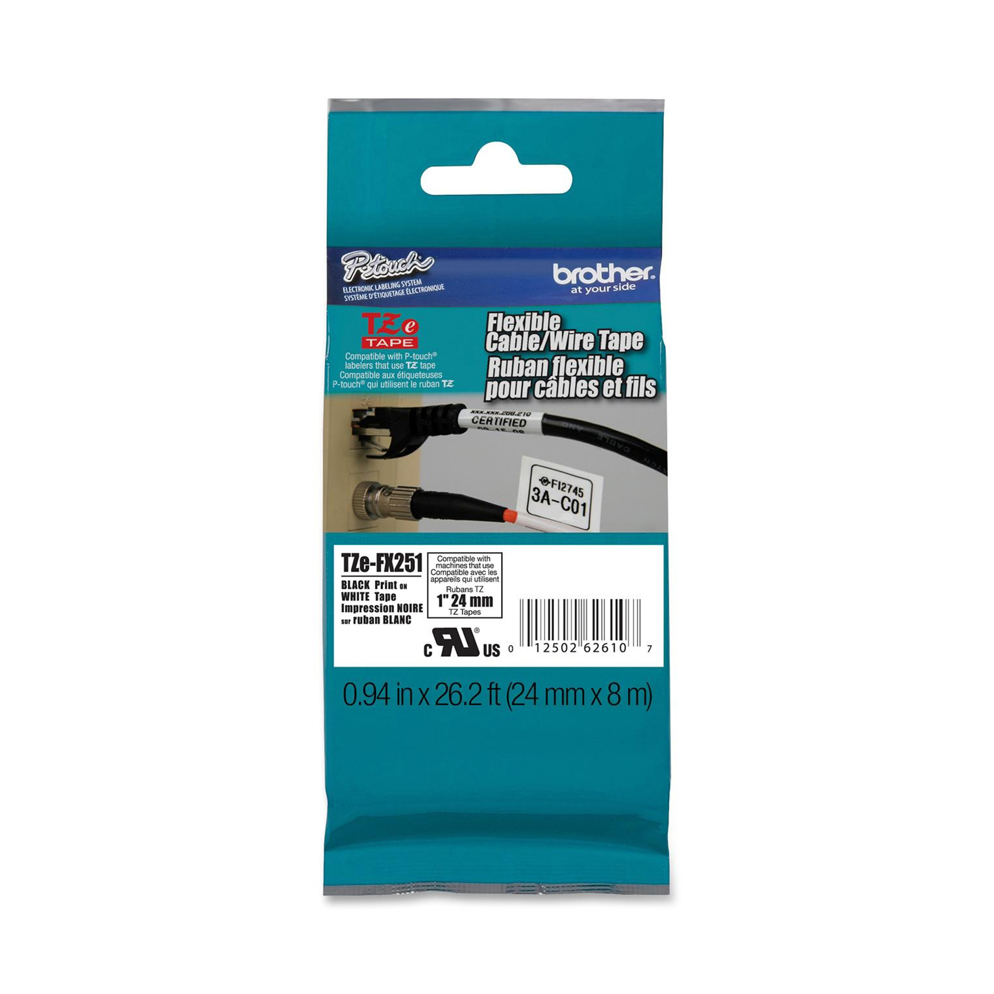 Brother TZe-FX251 - Adesivo - nero su bianco - Rotolo (2,4 cm x 8 m) 1 cassetta(e) nastro per etichette flessibili - per Brother PT-D600; P-Touch PT-3600, D600, D800, E550, P750, P900, P950; P-Touch EDGE PT-P750