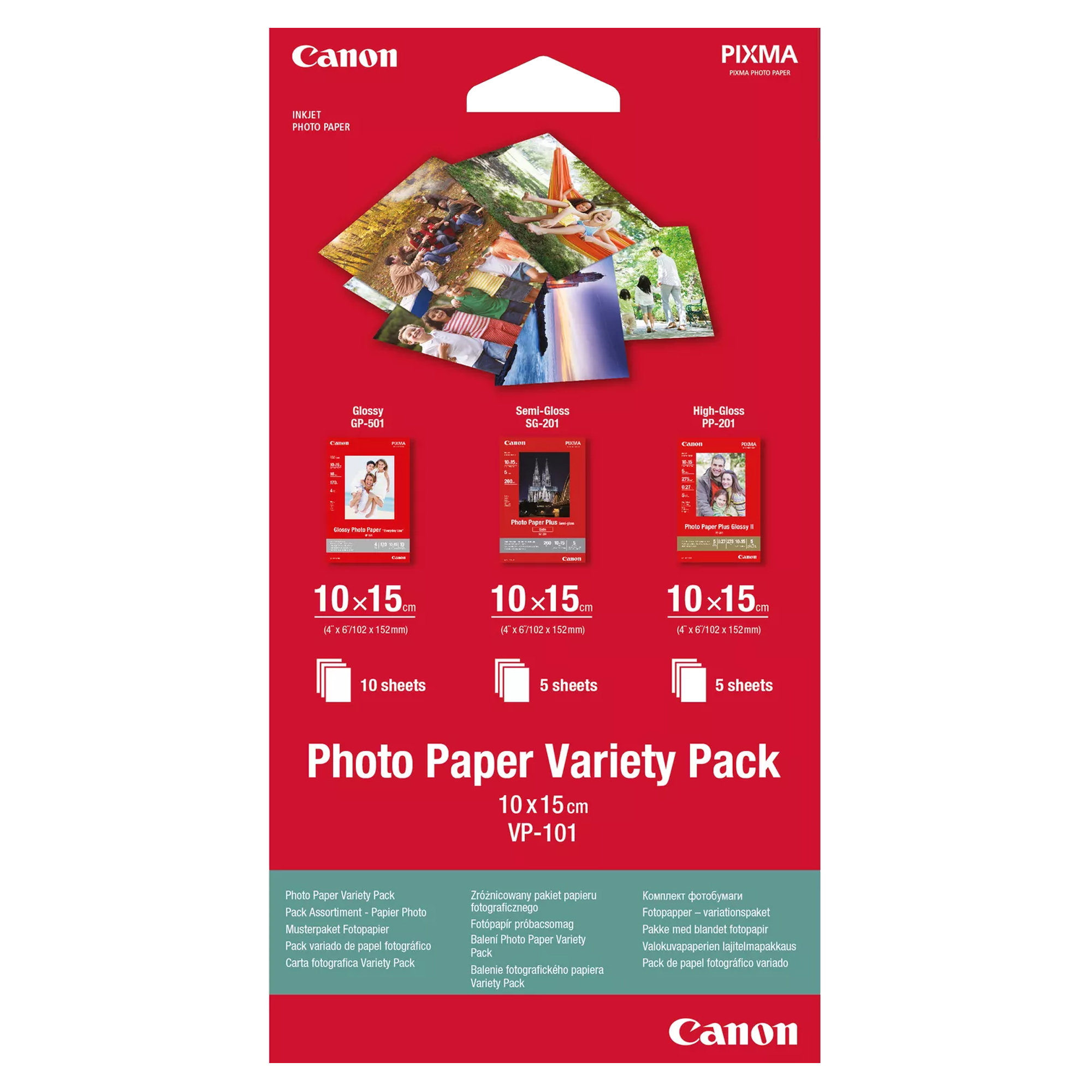 Canon Variety Pack VP-101 - 100 x 150 mm 15 fogli kit carta per foto - per PIXMA MG2550, MG3550, MG3650, MG5750, MG5751, MG6450, MG6850, MG7150, MG7750, MG7751