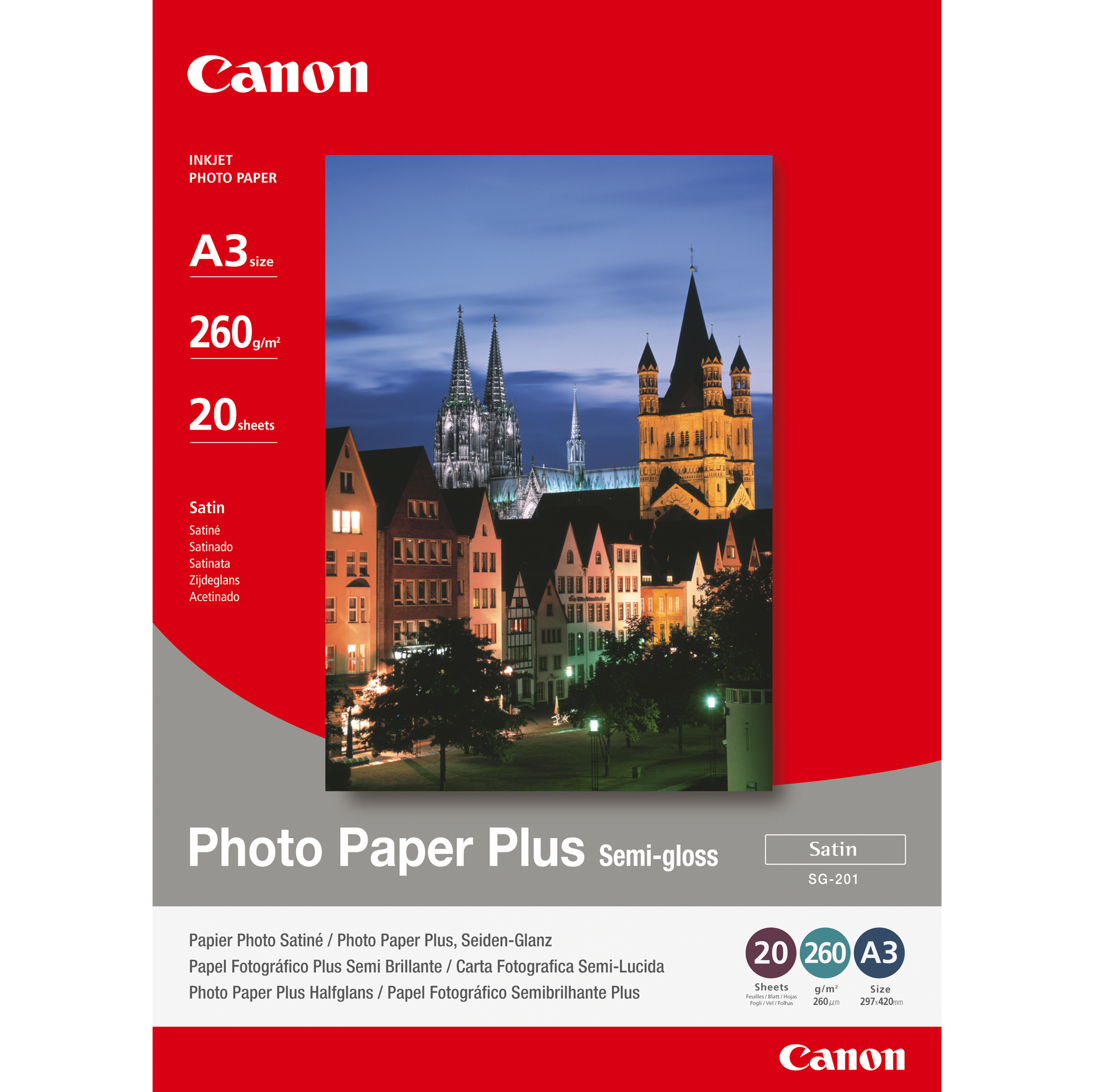 Canon Photo Paper Plus SG-201 - Semi-lucida - A3 (297 x 420 mm) - 260 g/m² - 20 fogli carta fotografica - per i6500, 9100, 9950; PIXMA iX4000, iX5000, iX7000, PRO-1, PRO-10, PRO-100