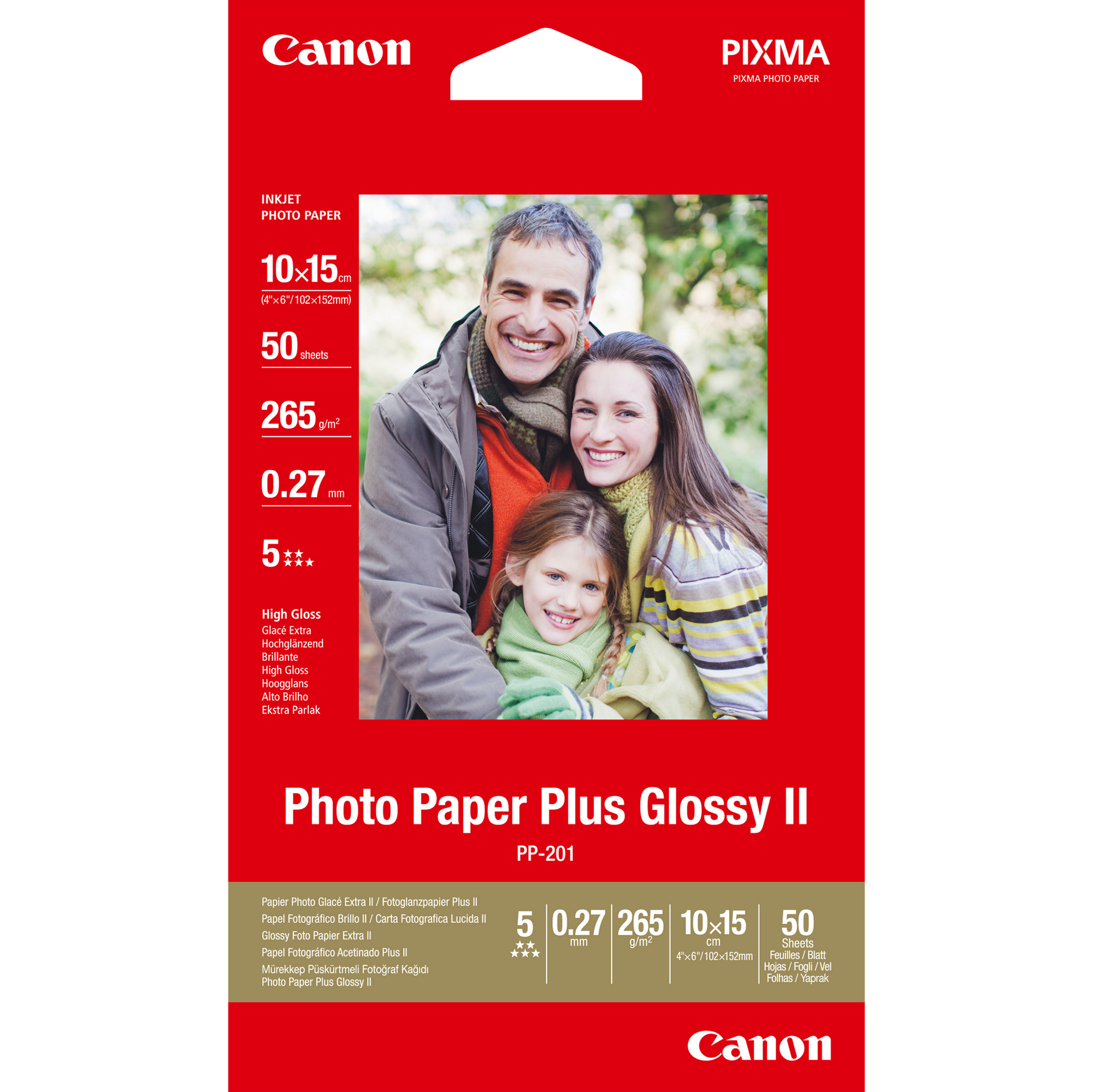 Canon Photo Paper Plus Glossy II PP-201 - Lucido - 100 x 150 mm - 260 g/m² - 50 fogli carta fotografica - per PIXMA iP2600, iP2700, iX7000, MG2555, MG8250, mini320, MP520, MX7600, MX850, TS7450