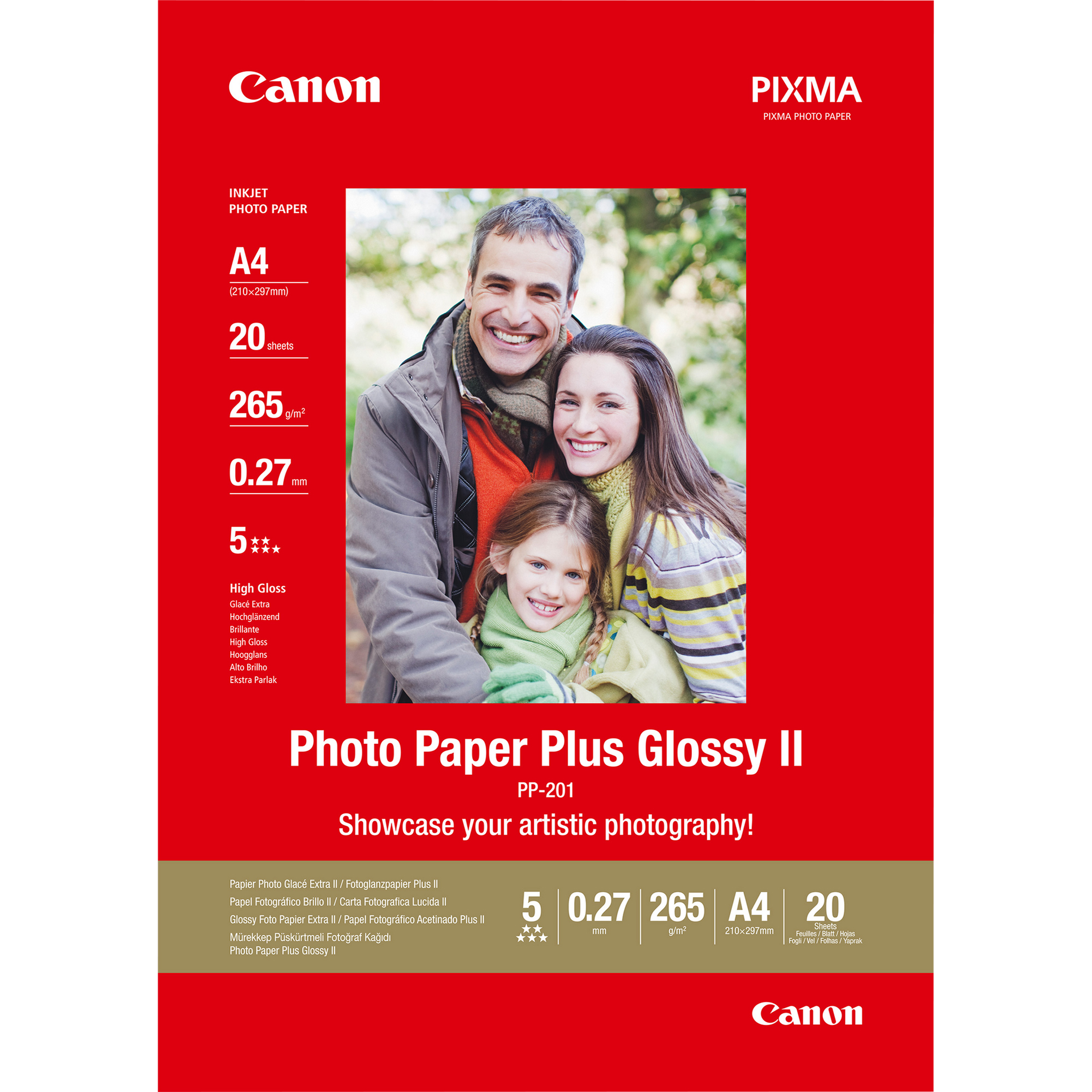 Canon Photo Paper Plus Glossy II PP-201 - Lucido - A4 (210 x 297 mm) - 275 g/m² - 20 fogli carta fotografica - per PIXMA iP100, iP2600, iP2700, iX7000, MG2555, MG8250, MX850, PRO-1, PRO-10, 100, TS7450