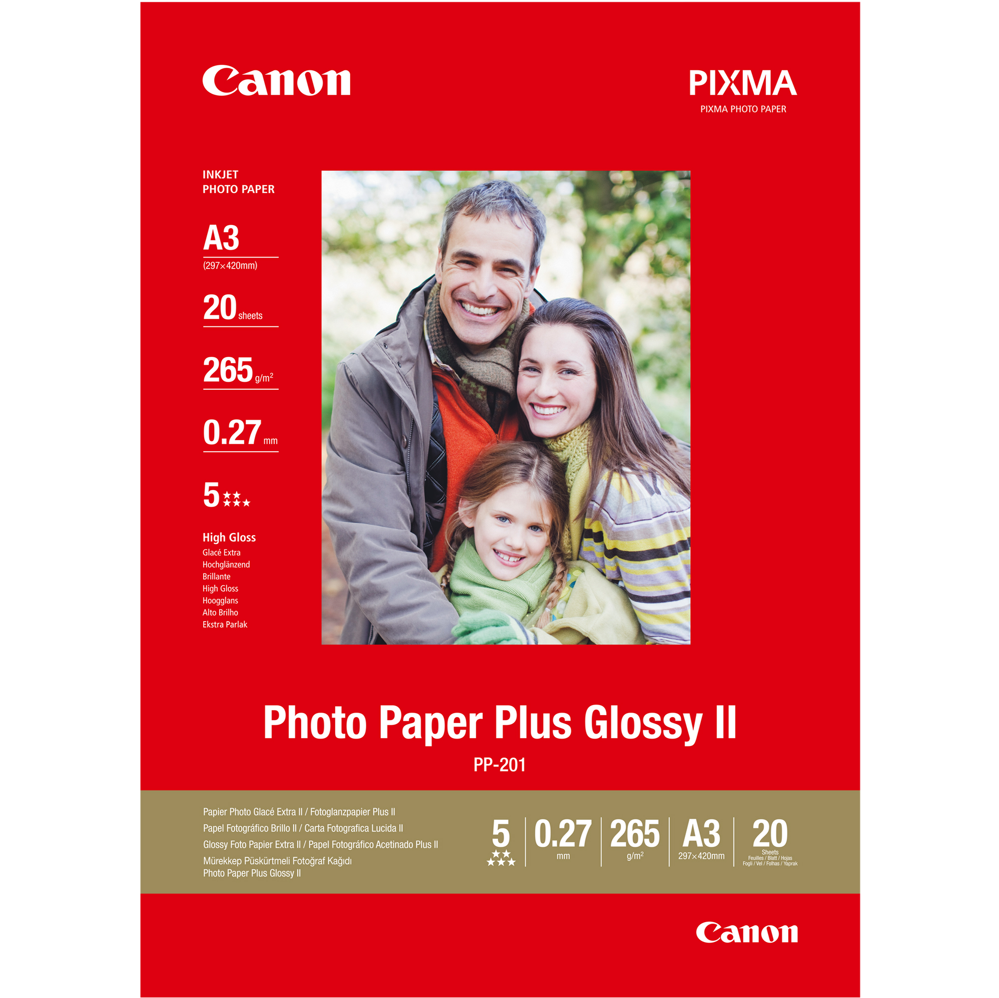 Canon Photo Paper Plus Glossy II PP-201 - Lucido - A3 (297 x 420 mm) 20 fogli carta fotografica - per PIXMA iX4000, iX5000, iX7000, PRO-1, PRO-10, PRO-100, Pro9000, Pro9500