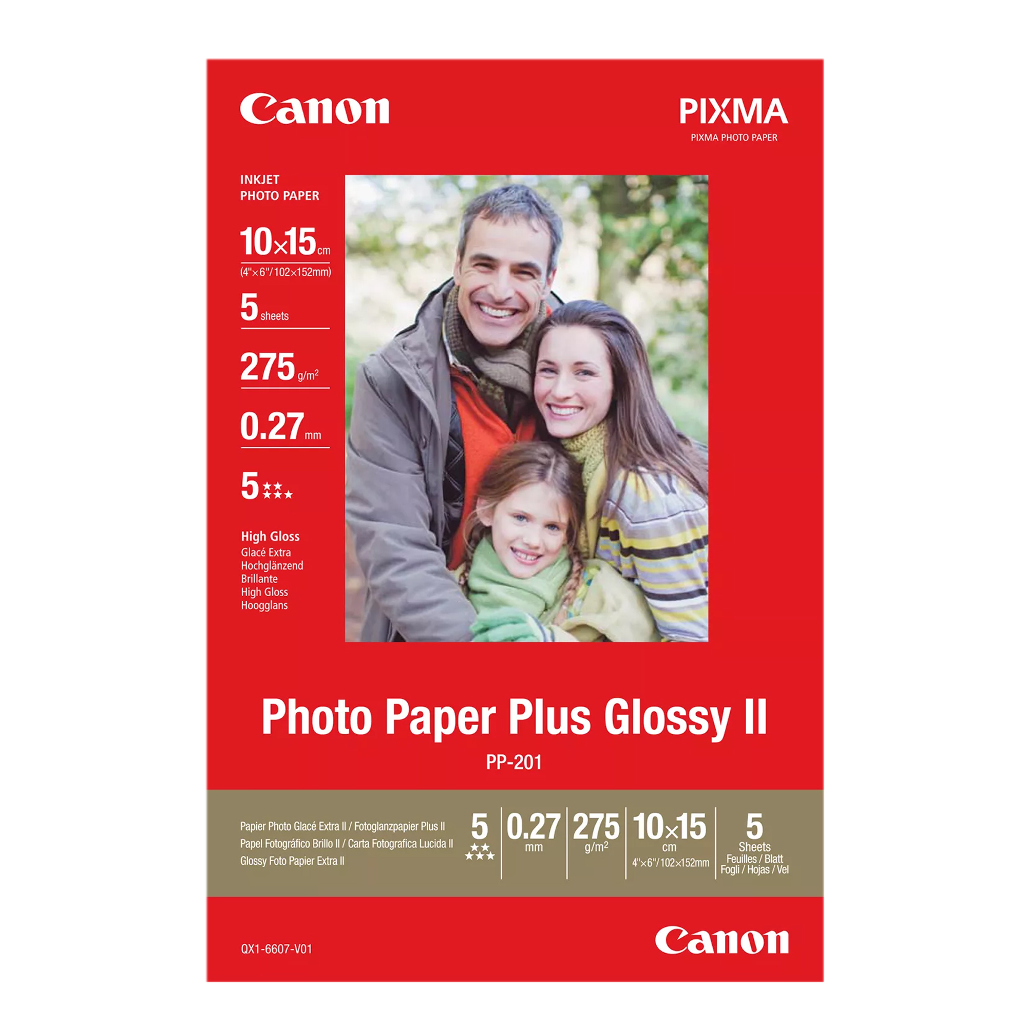 Canon Photo Paper Plus Glossy II PP-201 - Extra-lucida - 270 micron - 100 x 150 mm - 260 g/m² - 5 fogli carta fotografica - per PIXMA iP2600, iP2700, iP3500, iP4500, iX7000, MG8250, MP220, MP520, MX7600, MX850, TS7450