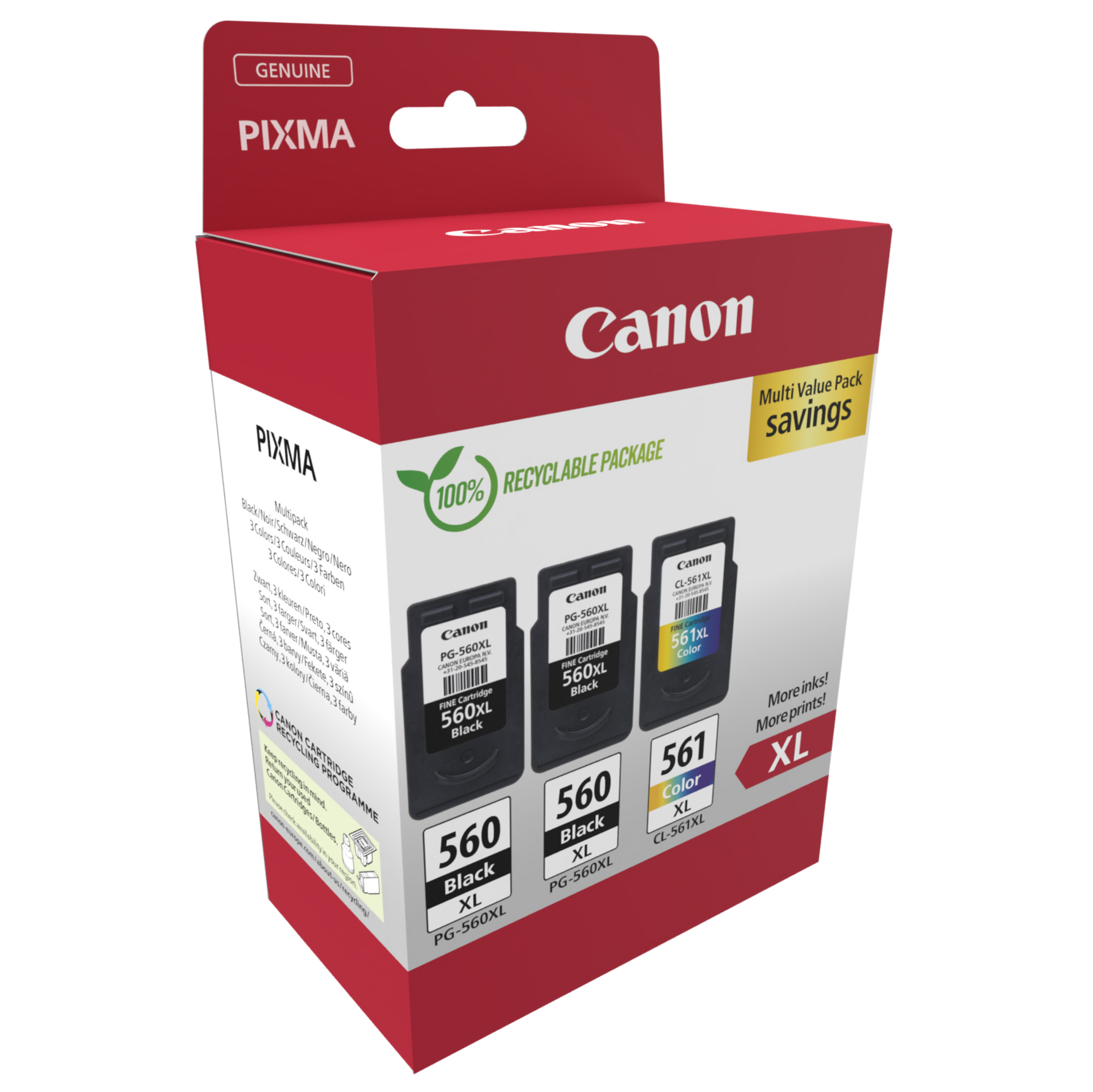 Canon PG-560XL x2/CL-561XL Multi Value Pack - Confezione da 3 - Alta resa - nero, colore (ciano, magenta, giallo) - originale - confezione da appendere - cartuccia d'inchiostro - per PIXMA TS5350, TS5351, TS5352, TS5353, TS7450