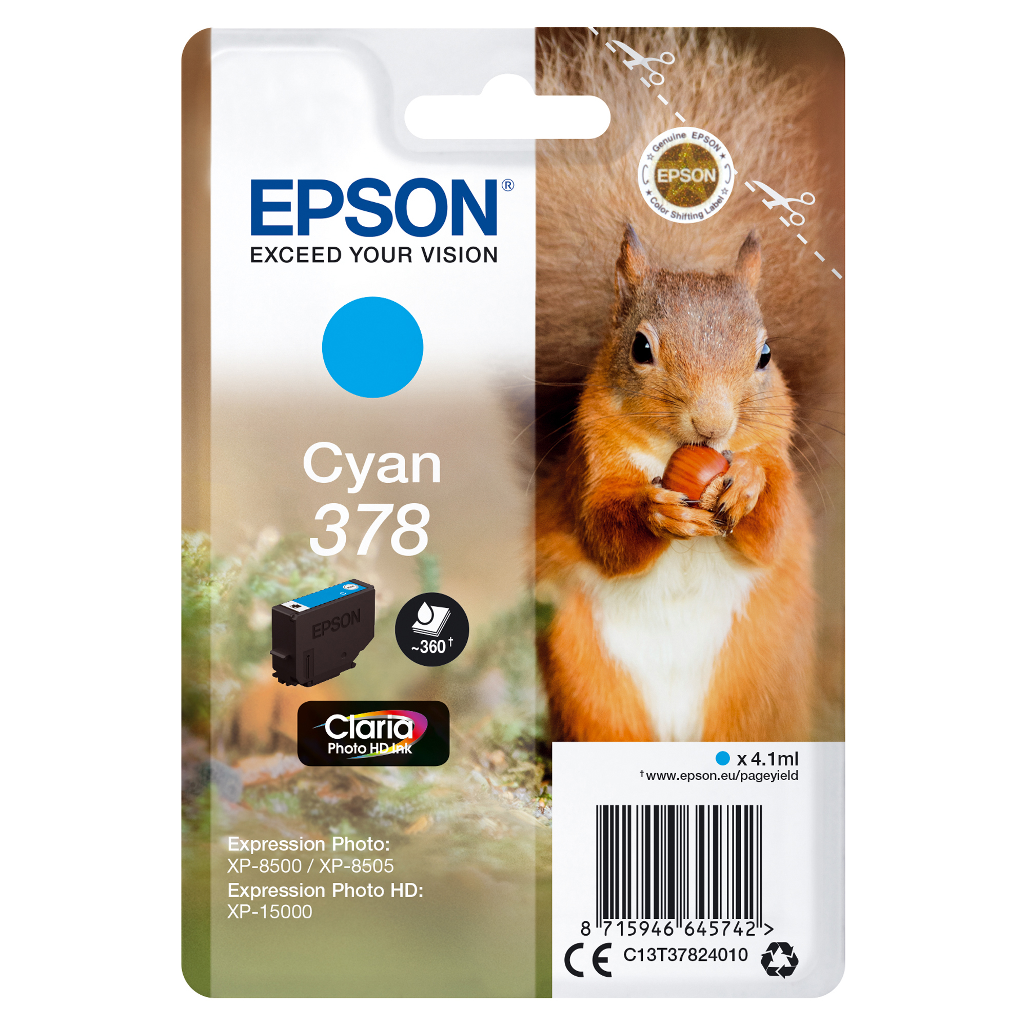 Epson 378 - 4.1 ml - ciano - originale - blister - cartuccia d'inchiostro - per Expression Home XP-8605, 8606; Expression Home HD XP-15000; Expression Photo XP-8505, 8700