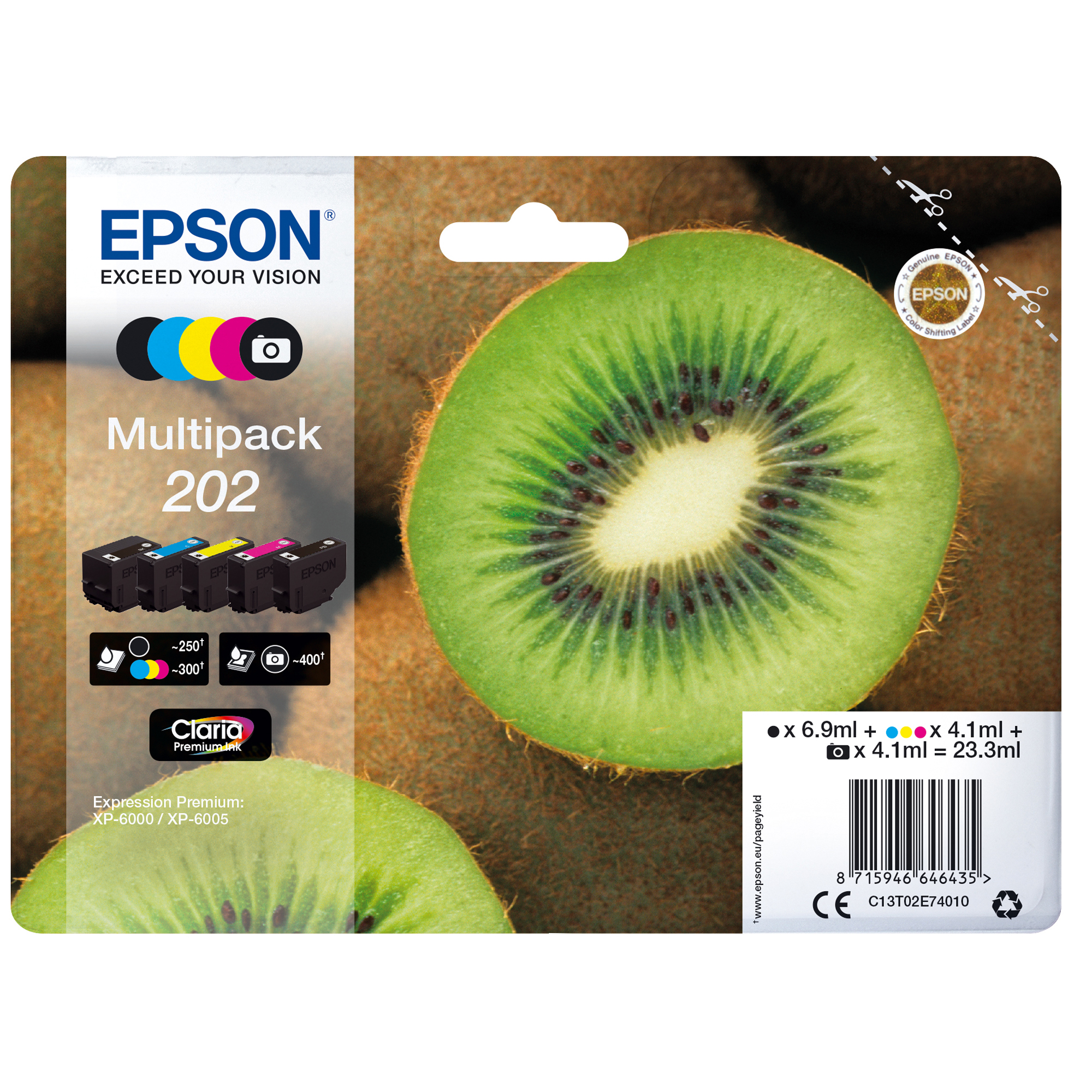 Epson Multipack 202 - Confezione da 5 - nero, giallo, ciano, magenta, nero per foto - originale - blister - cartuccia d'inchiostro - per Expression Premium XP-6000, XP-6005, XP-6100, XP-6105