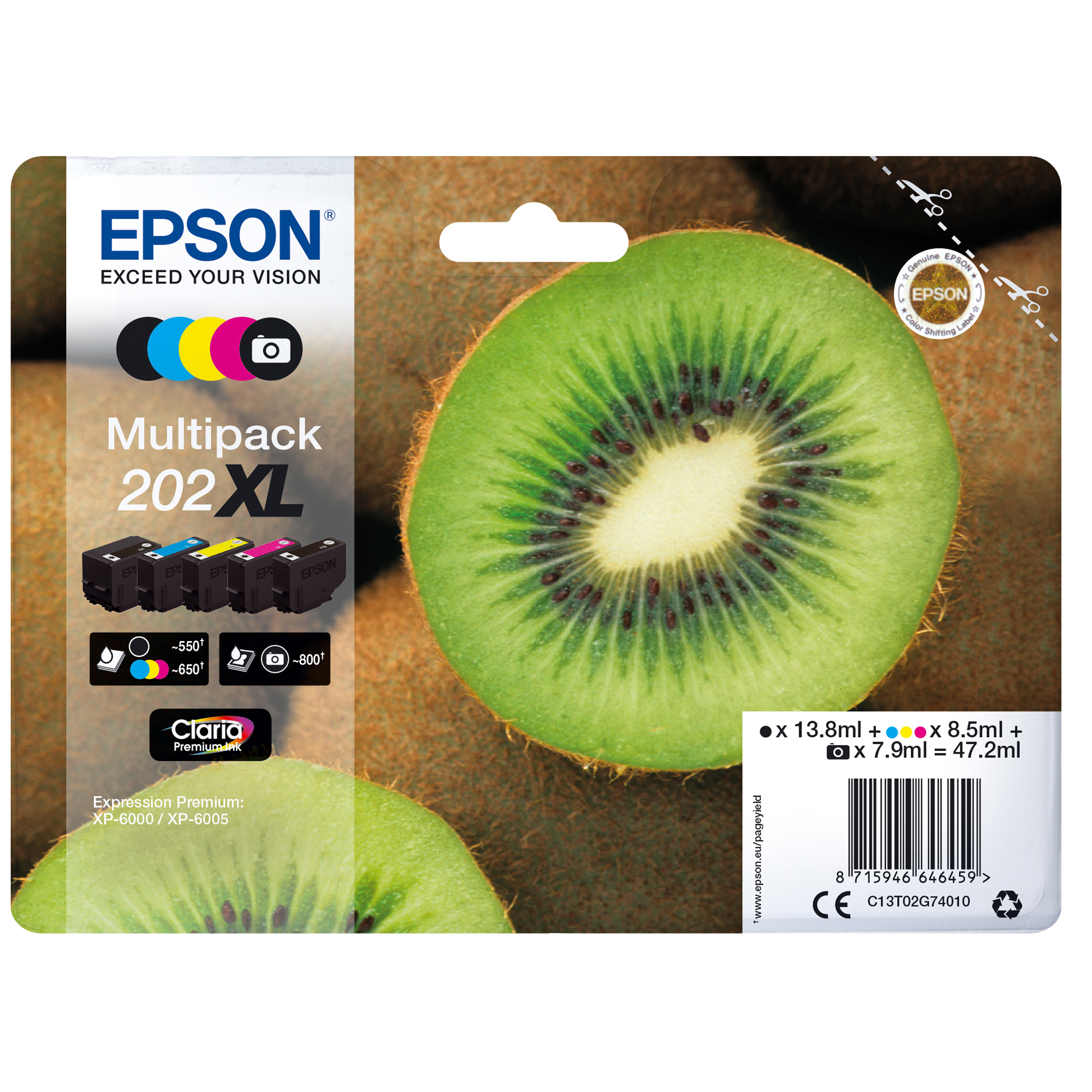 Epson Multipack 202XL - Confezione da 5 - alta capienza - nero, giallo, ciano, magenta, nero per foto - originale - blister - cartuccia d'inchiostro - per Expression Premium XP-6000, XP-6005, XP-6100, XP-6105