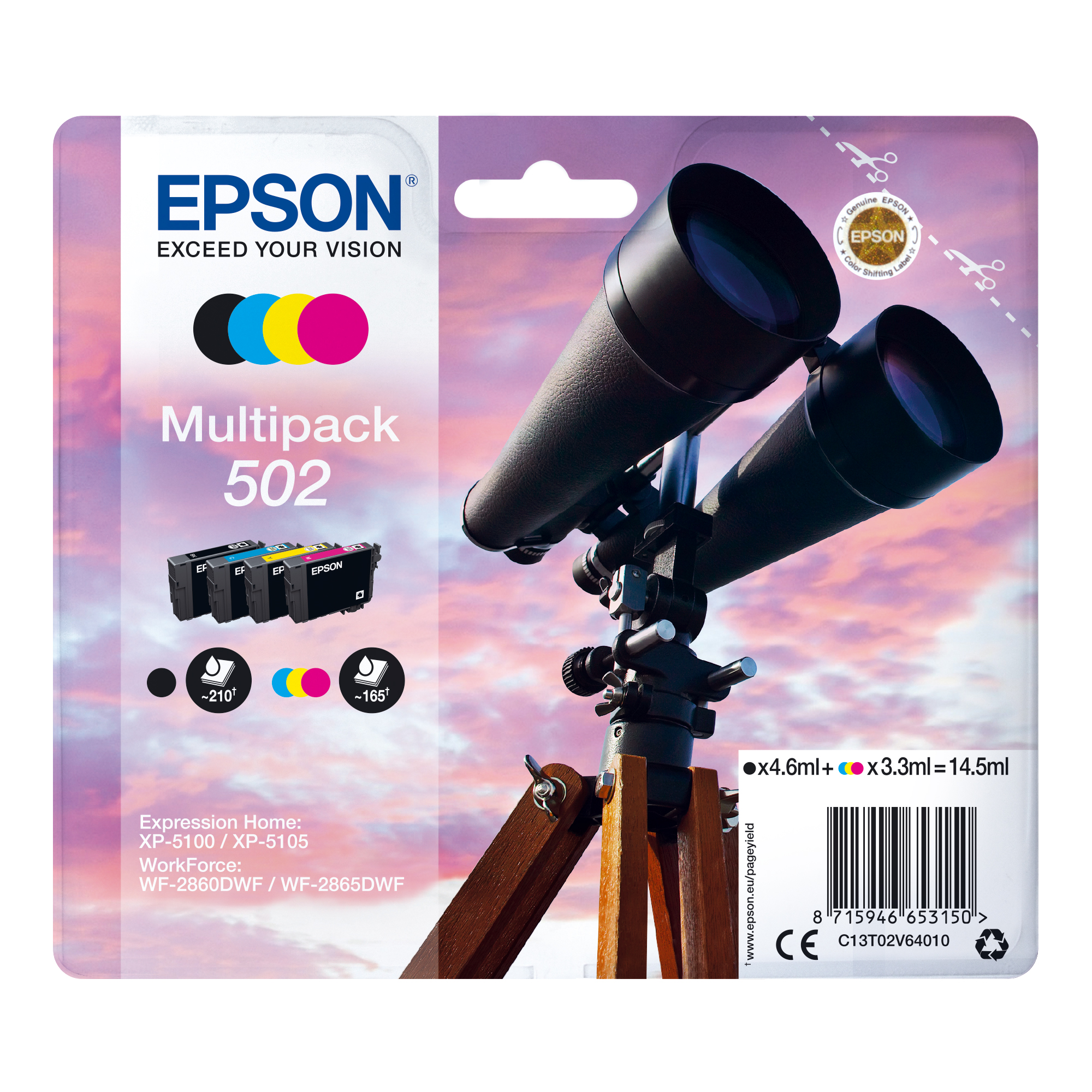 Epson 502 Multipack - Confezione da 4 - nero, giallo, ciano, magenta - originale - blister - cartuccia d'inchiostro - per Expression Home XP-5100, XP-5105, XP-5150, XP-5155; WorkForce WF-2860, WF-2865, WF-2885