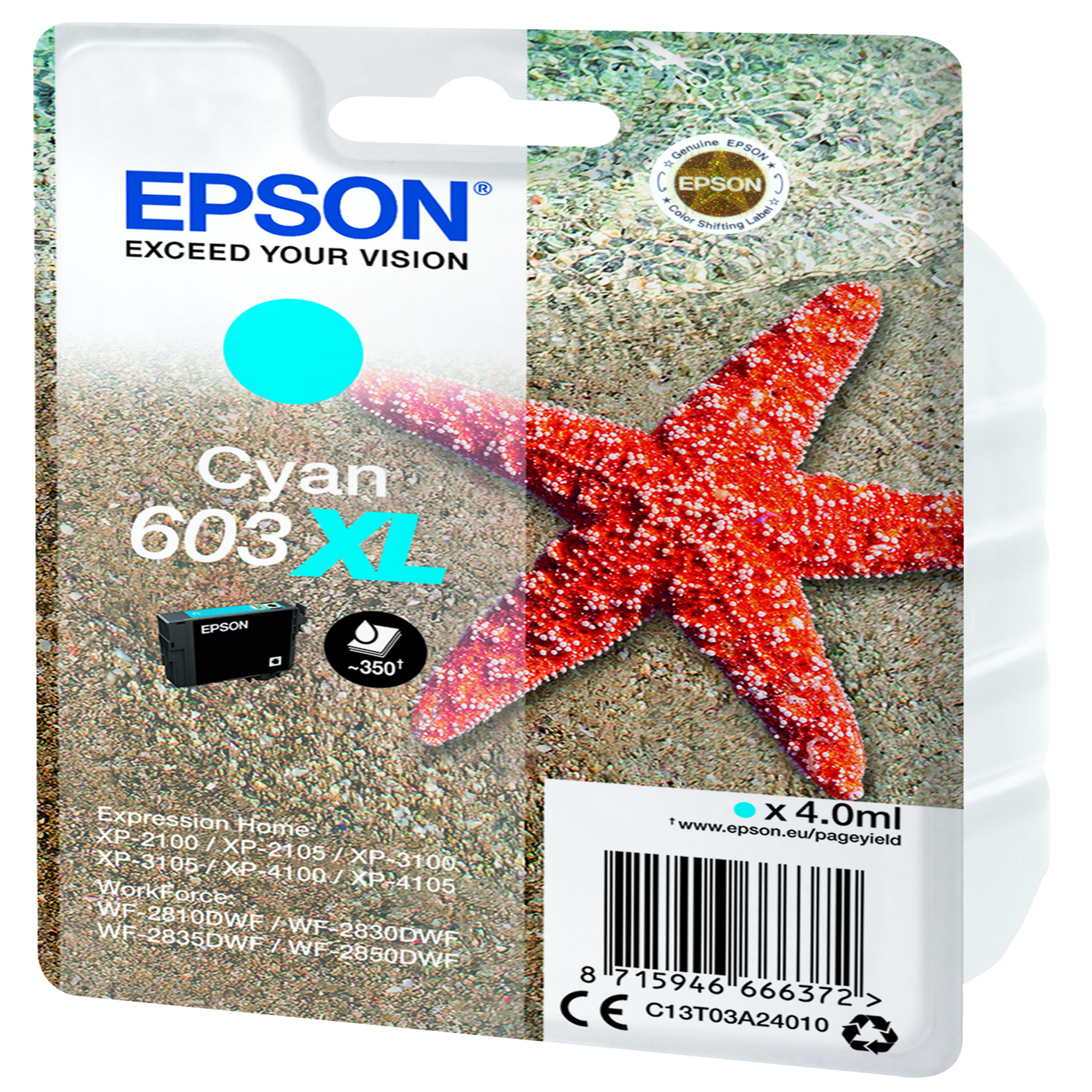 Epson 603XL - 4 ml - XL - ciano - originale - blister - cartuccia d'inchiostro - per Expression Home XP-2150, 2155, 3150, 3155, 4150, 4155; WorkForce WF-2820, 2840, 2845, 2870