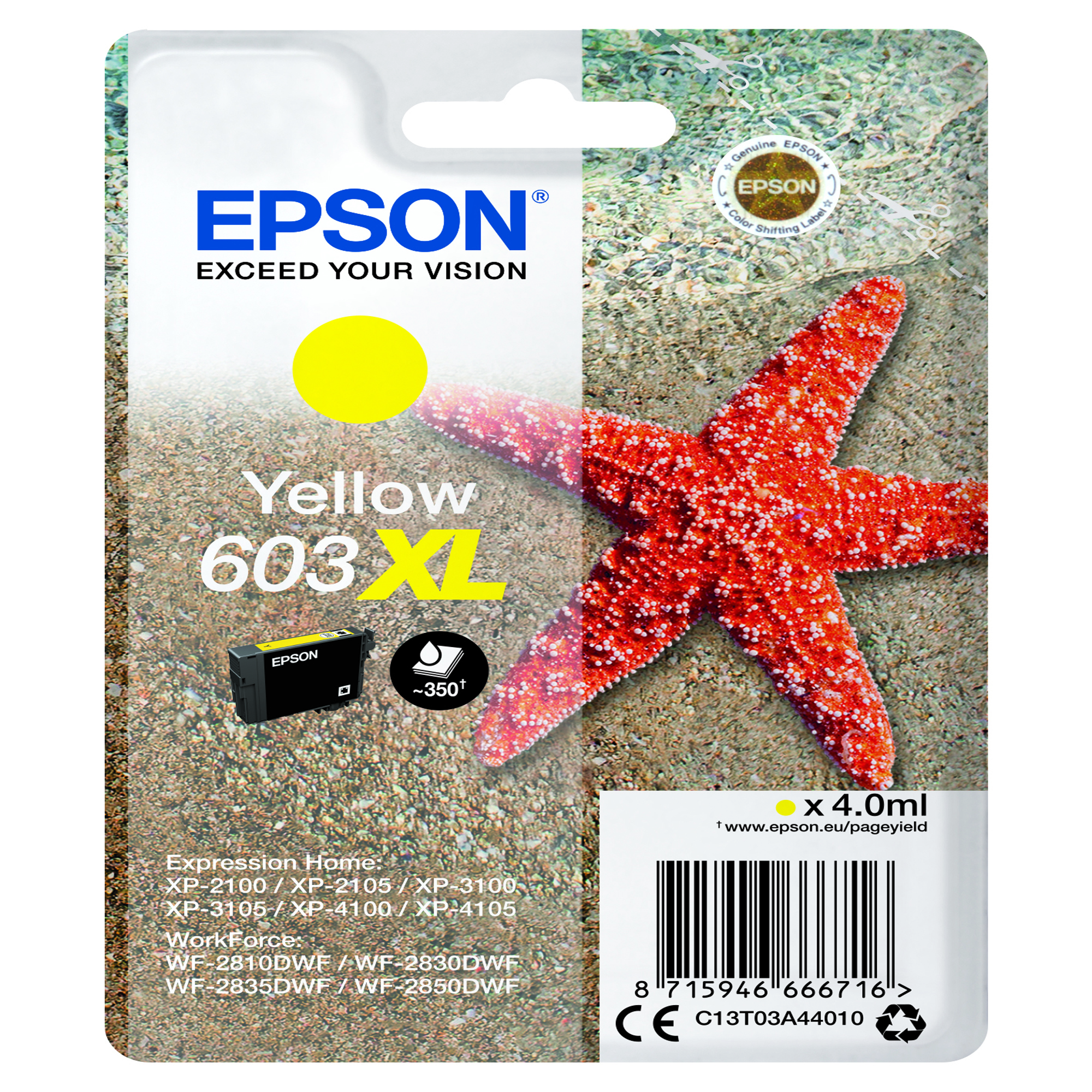 Epson 603XL - 4 ml - XL - giallo - originale - blister con radiofrequenza / allarme acustico - cartuccia d'inchiostro - per Expression Home XP-2150, 2155, 3150, 3155, 4150, 4155; WorkForce WF-2820, 2840, 2845, 2870
