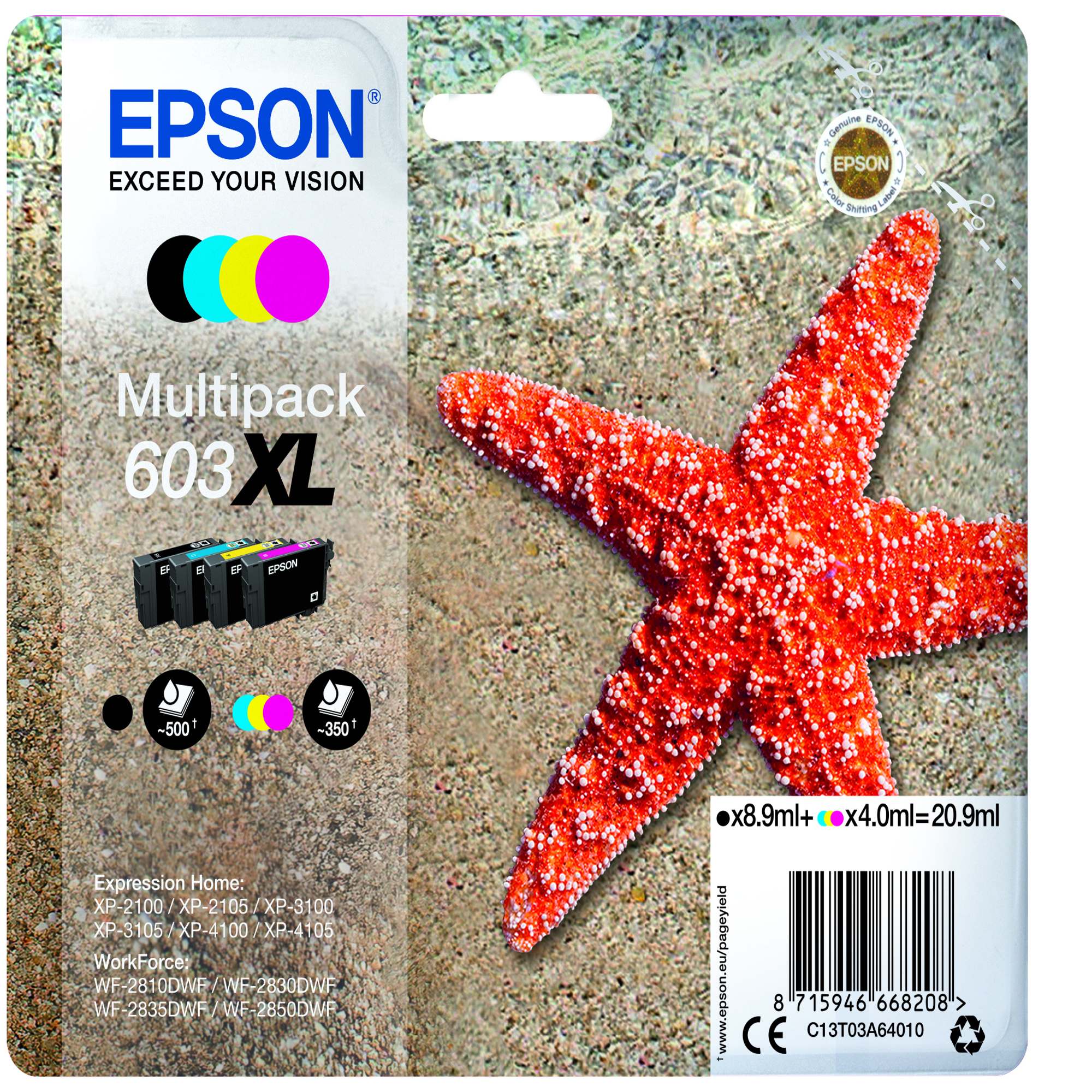 Epson 603XL Multipack - Confezione da 4 - XL - nero, giallo, ciano, magenta - originale - blister - cartuccia d'inchiostro - per Expression Home XP-2150, 2155, 3150, 3155, 4150, 4155; WorkForce WF-2820, 2840, 2845, 2870