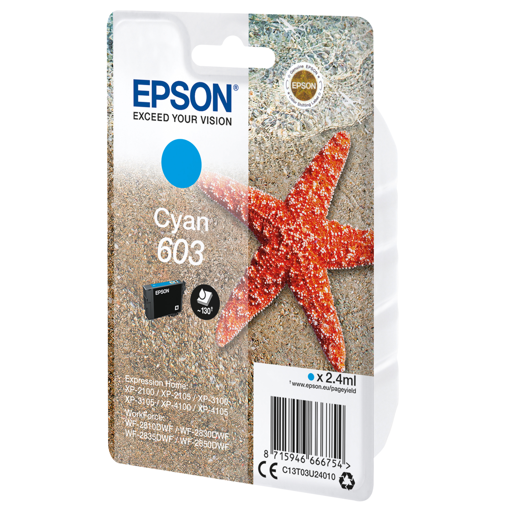 Epson 603 - 2.4 ml - ciano - originale - blister - cartuccia d'inchiostro - per Expression Home XP-2150, 2155, 3150, 3155, 4150, 4155; WorkForce WF-2820, 2840, 2845, 2870