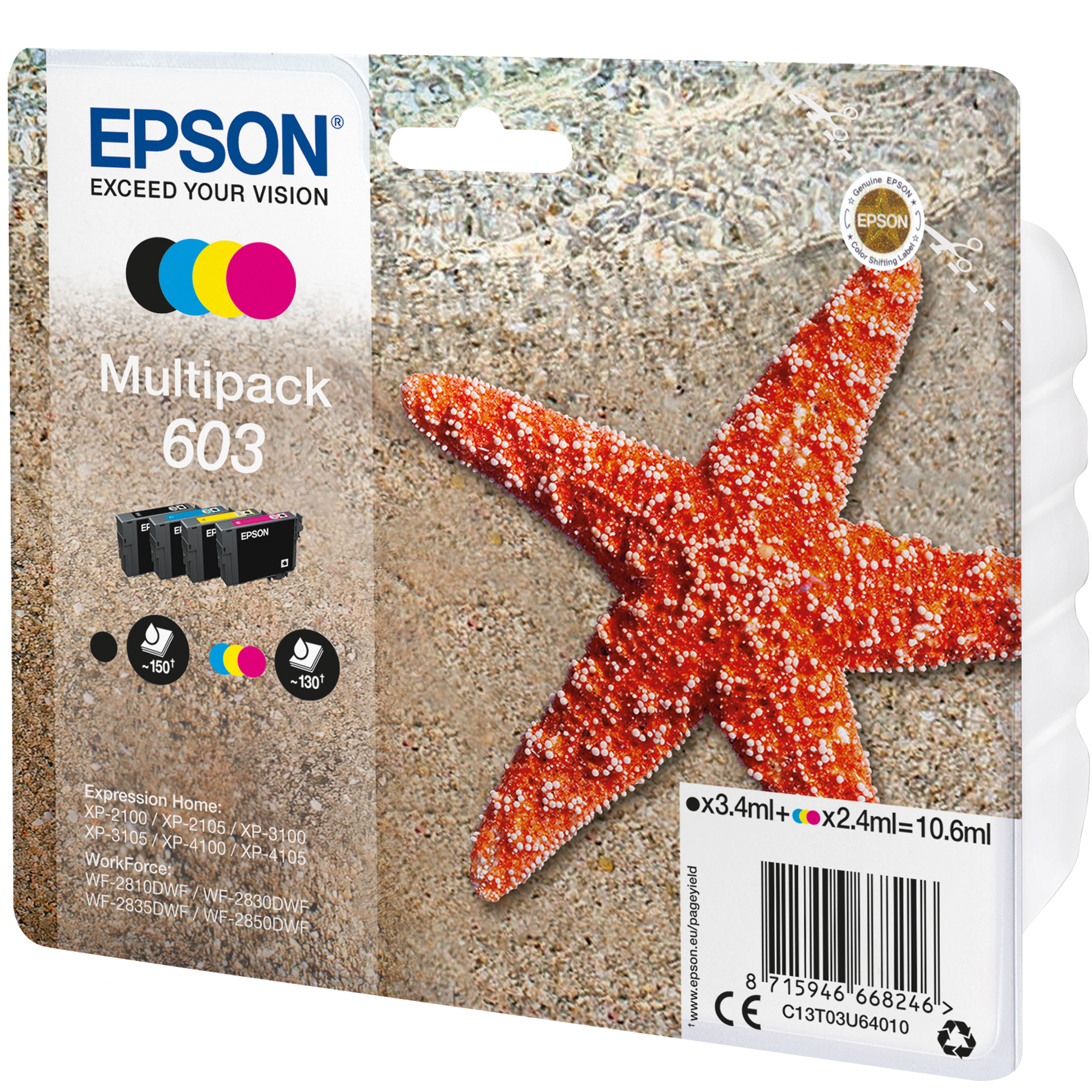 Epson 603 Multipack - Confezione da 4 - nero, giallo, ciano, magenta - originale - blister - cartuccia d'inchiostro - per Expression Home XP-2150, 2155, 3150, 3155, 4150, 4155; WorkForce WF-2820, 2840, 2845, 2870