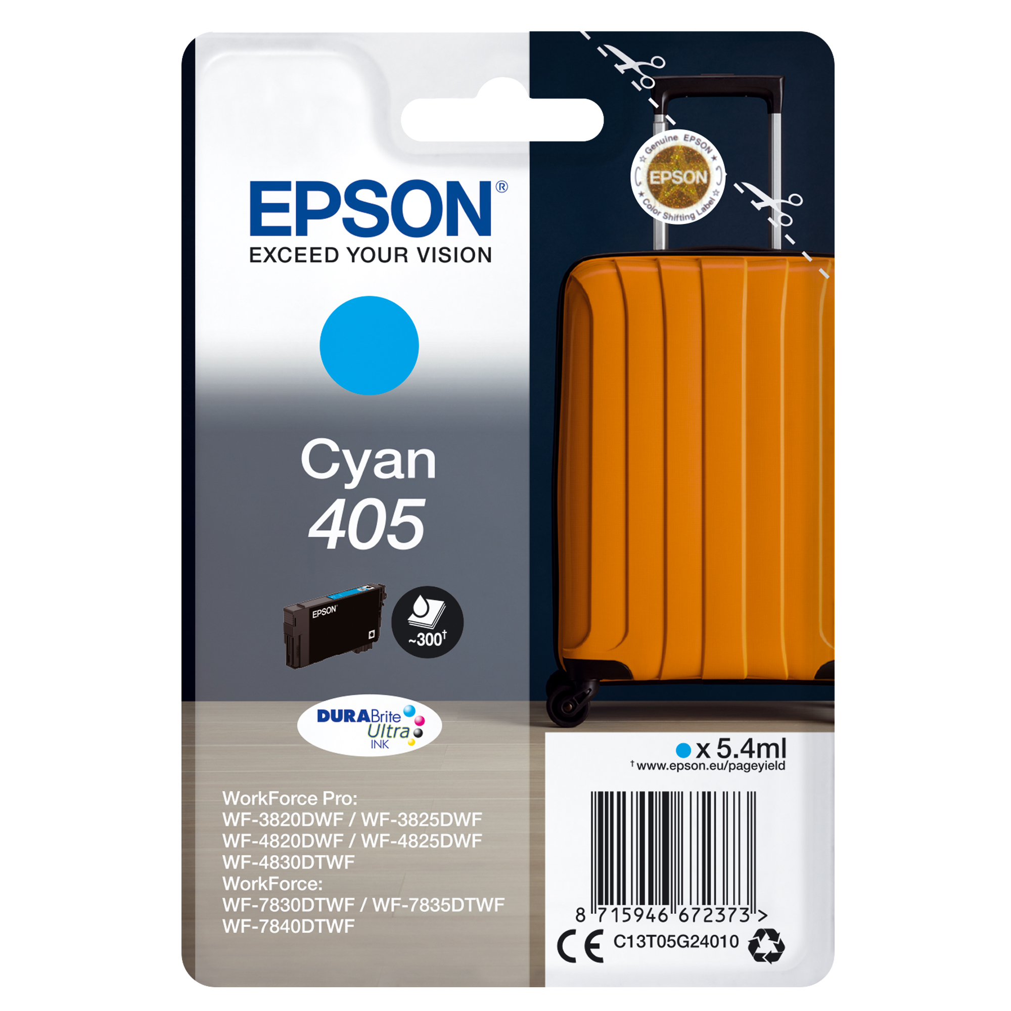 Epson 405 - 5.4 ml - ciano - originale - blister - cartuccia d'inchiostro - per WorkForce WF-7310, 7830, 7835, 7840; WorkForce Pro WF-3820, 3825, 4820, 4825, 4830, 7840