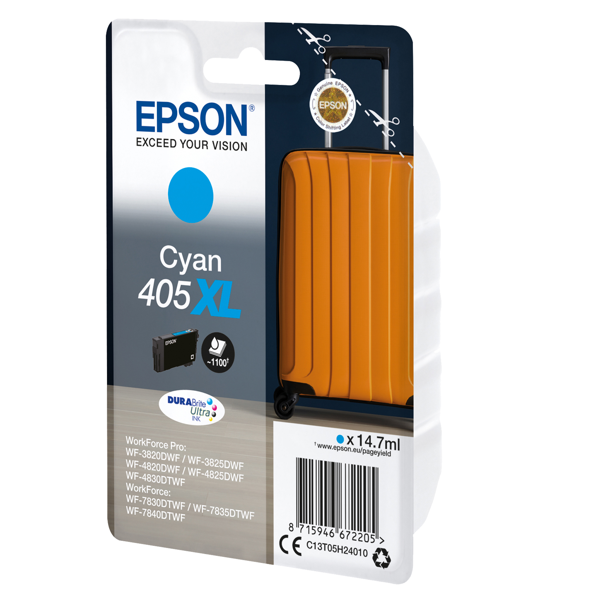 Epson 405XL - 14.7 ml - ciano - originale - cartuccia d'inchiostro - per WorkForce WF-7310, 7830, 7835, 7840; WorkForce Pro WF-3820, 3825, 4820, 4825, 4830, 7840