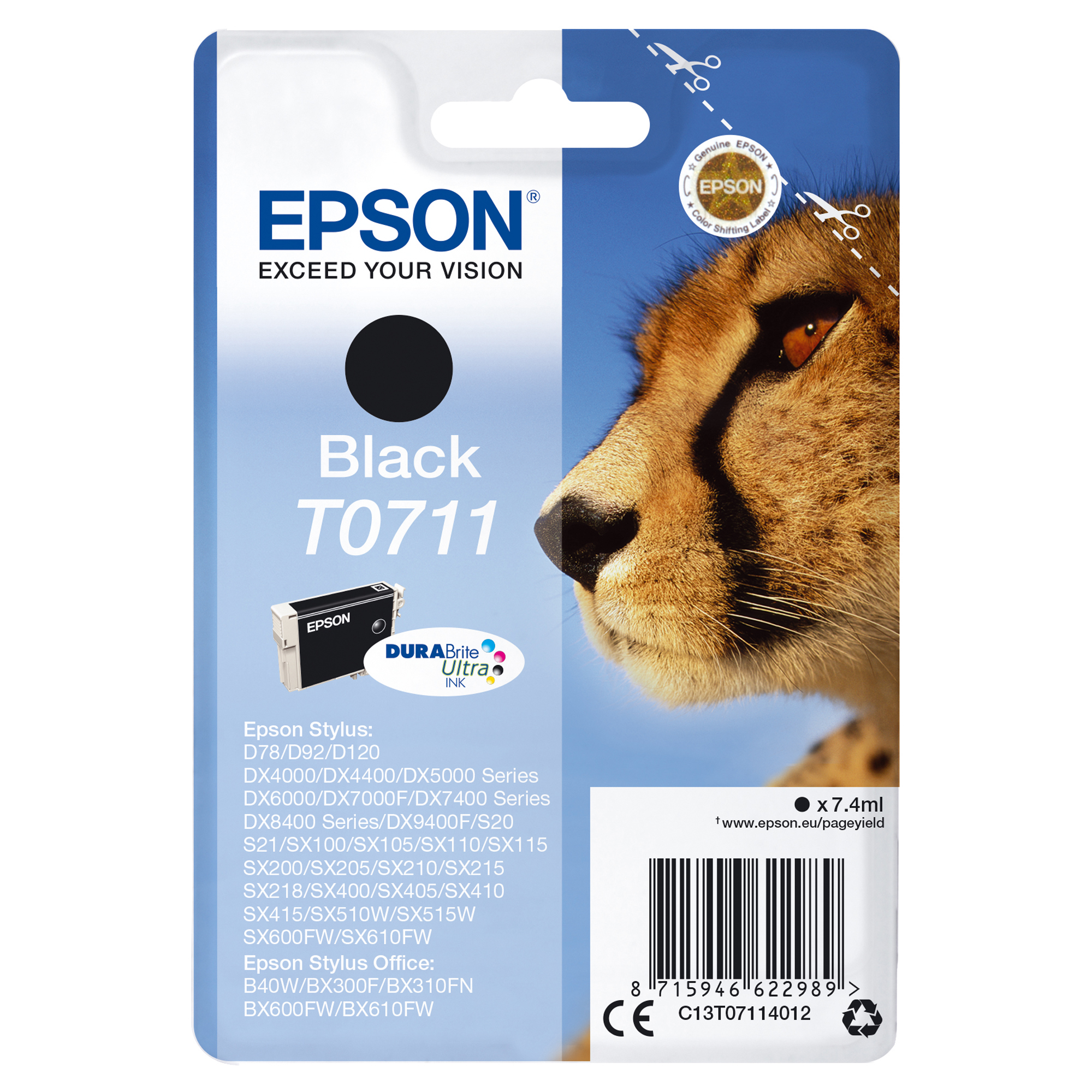 Epson T0711 - 7 ml - nero - originale - cartuccia d'inchiostro - per Stylus DX9400, SX115, SX210, SX215, SX218, SX415, SX515, SX610; Stylus Office BX310, BX610