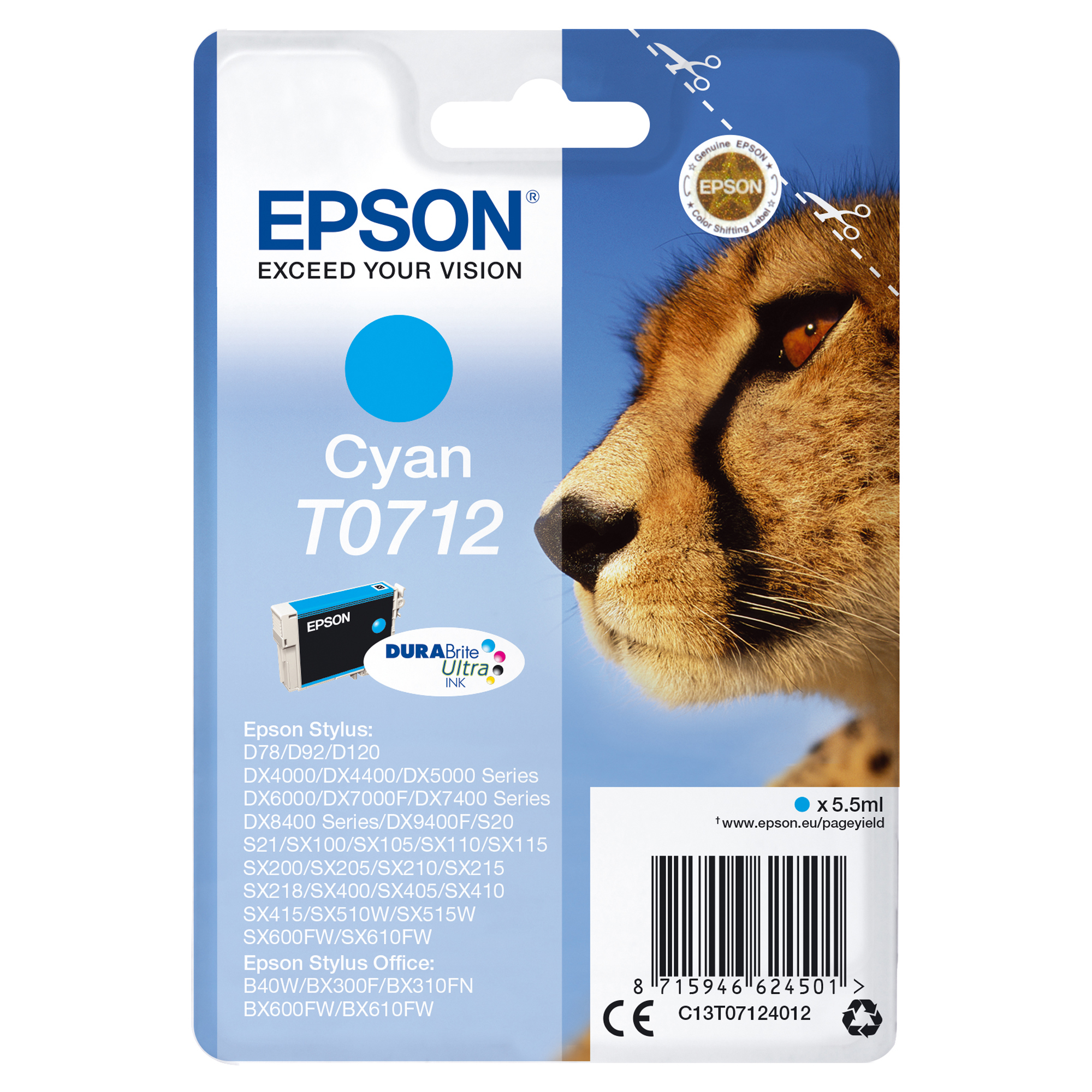 Epson T0712 - 5.5 ml - ciano - originale - cartuccia d'inchiostro - per Stylus DX9400, SX115, SX210, SX215, SX218, SX415, SX515, SX610; Stylus Office BX310, BX610