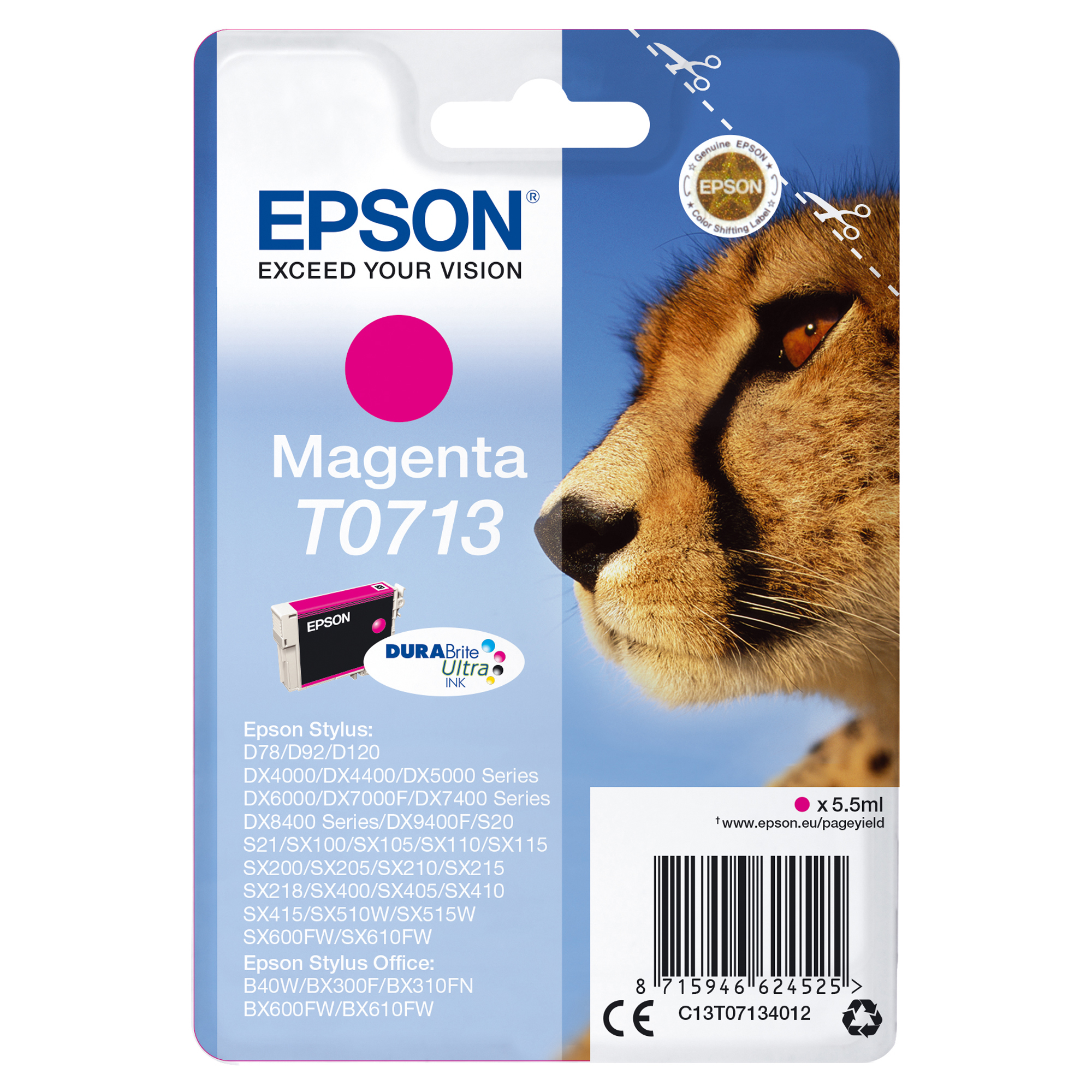 Epson T0713 - 5.5 ml - magenta - originale - cartuccia d'inchiostro - per Stylus DX9400, SX115, SX210, SX215, SX218, SX415, SX515, SX610; Stylus Office BX310, BX610