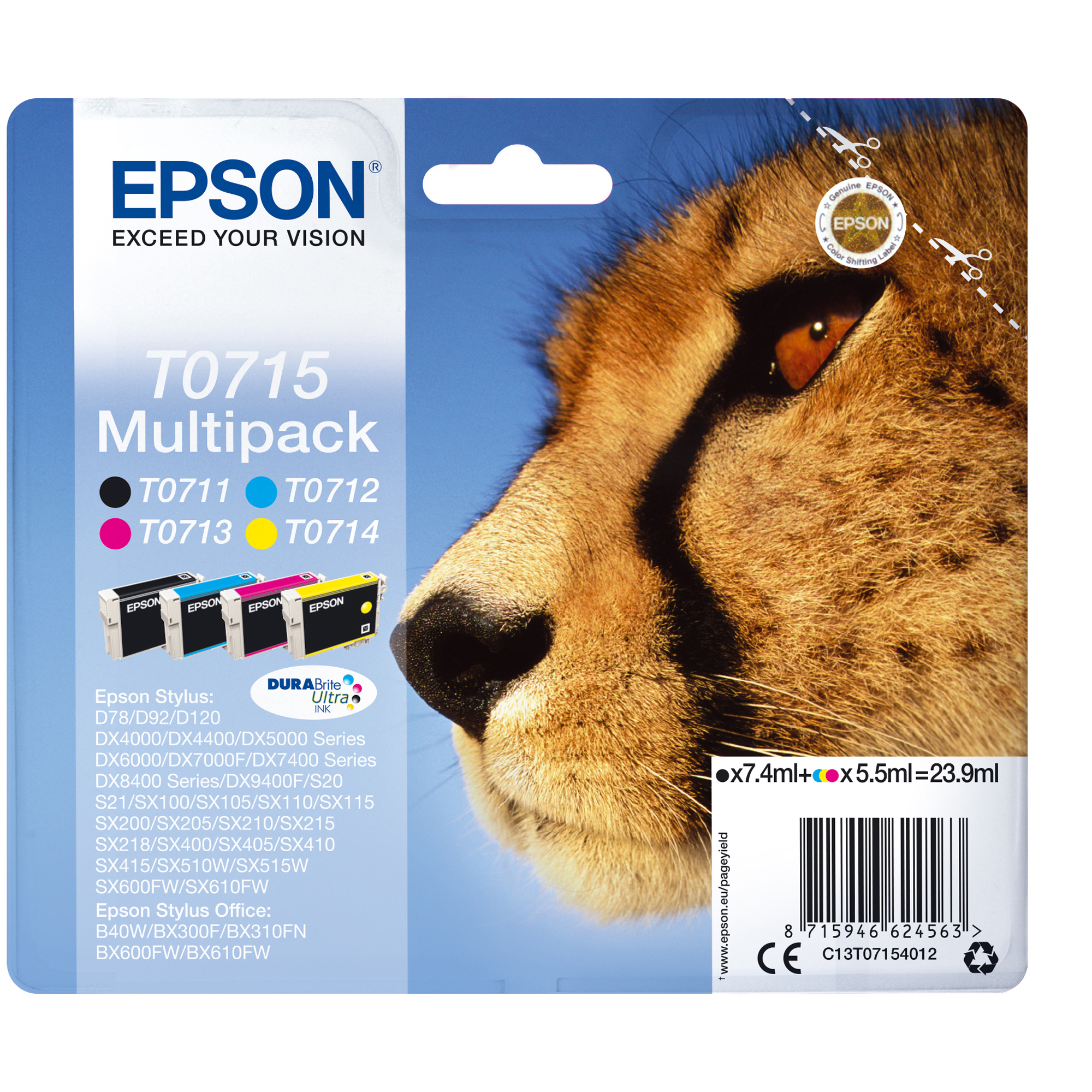 Epson T0715 Multipack - Confezione da 4 - 23.9 ml - nero, giallo, ciano, magenta - originale - cartuccia d'inchiostro - per Stylus DX9400, SX115, SX210, SX215, SX218, SX415, SX515, SX610; Stylus Office BX310, BX610