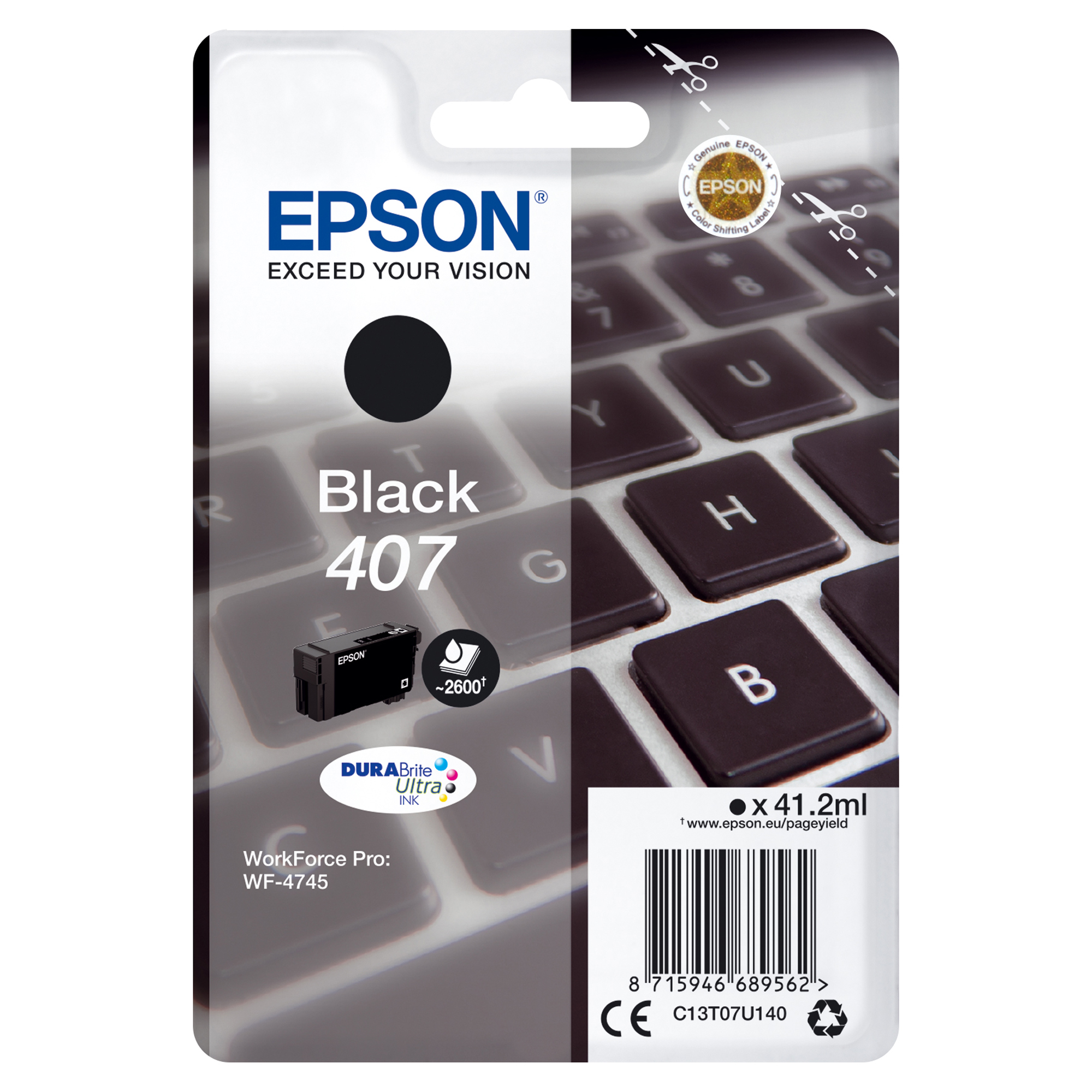 Epson 407 - 41.2 ml - taglia L - nero - originale - cartuccia d'inchiostro - per WorkForce Pro WF-4745, WF-4745DTWF