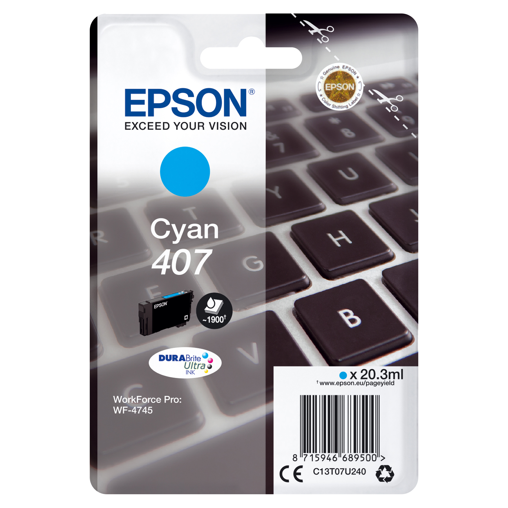 Epson 407 - 20.3 ml - taglia L - ciano - originale - cartuccia d'inchiostro - per WorkForce Pro WF-4745, WF-4745DTWF
