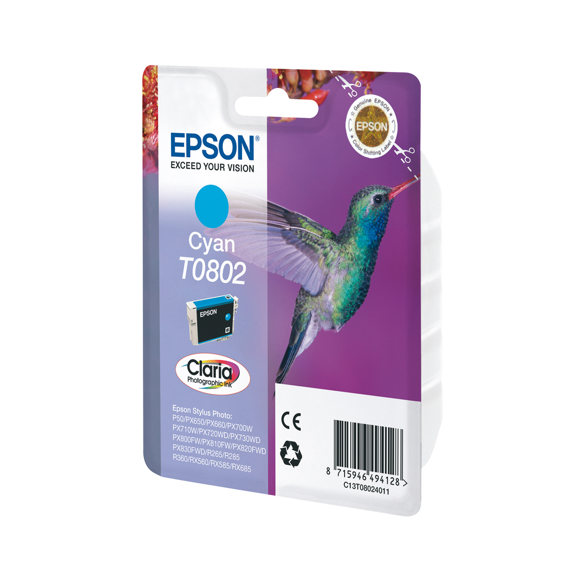 Epson T0802 - 7.4 ml - ciano - originale - blister - cartuccia d'inchiostro - per Stylus Photo P50, PX650, PX660, PX700, PX710, PX720, PX730, PX800, PX810, PX820, PX830