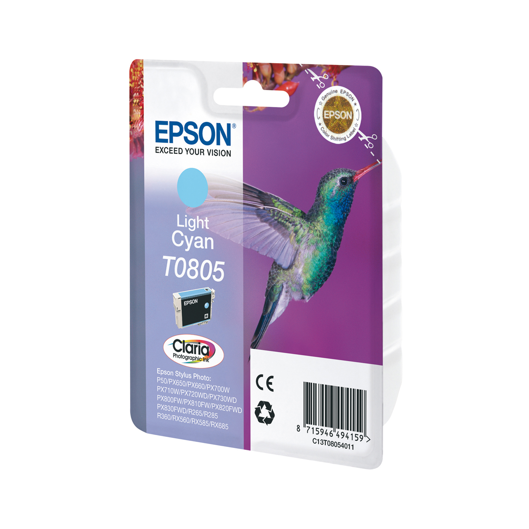 Epson T0805 - 7.4 ml - cyan chiaro - originale - blister - cartuccia d'inchiostro - per Stylus Photo P50, PX650, PX660, PX700, PX710, PX720, PX730, PX800, PX810, PX820, PX830