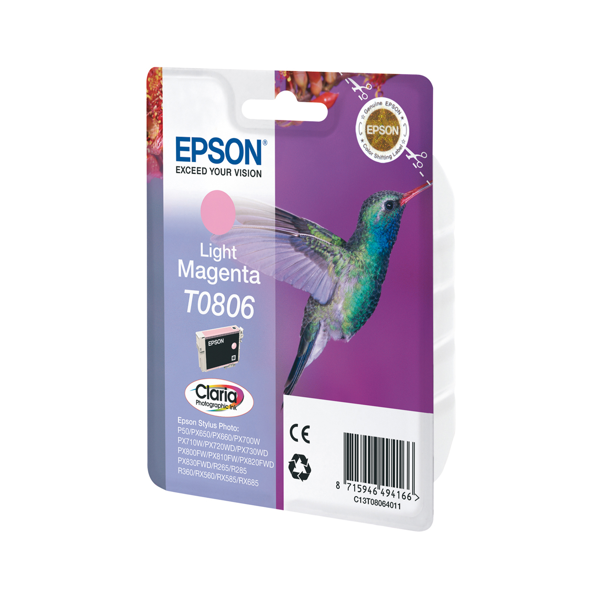 Epson T0806 - 7.4 ml - magenta chiaro - originale - blister - cartuccia d'inchiostro - per Stylus Photo P50, PX650, PX660, PX700, PX710, PX720, PX730, PX800, PX810, PX820, PX830