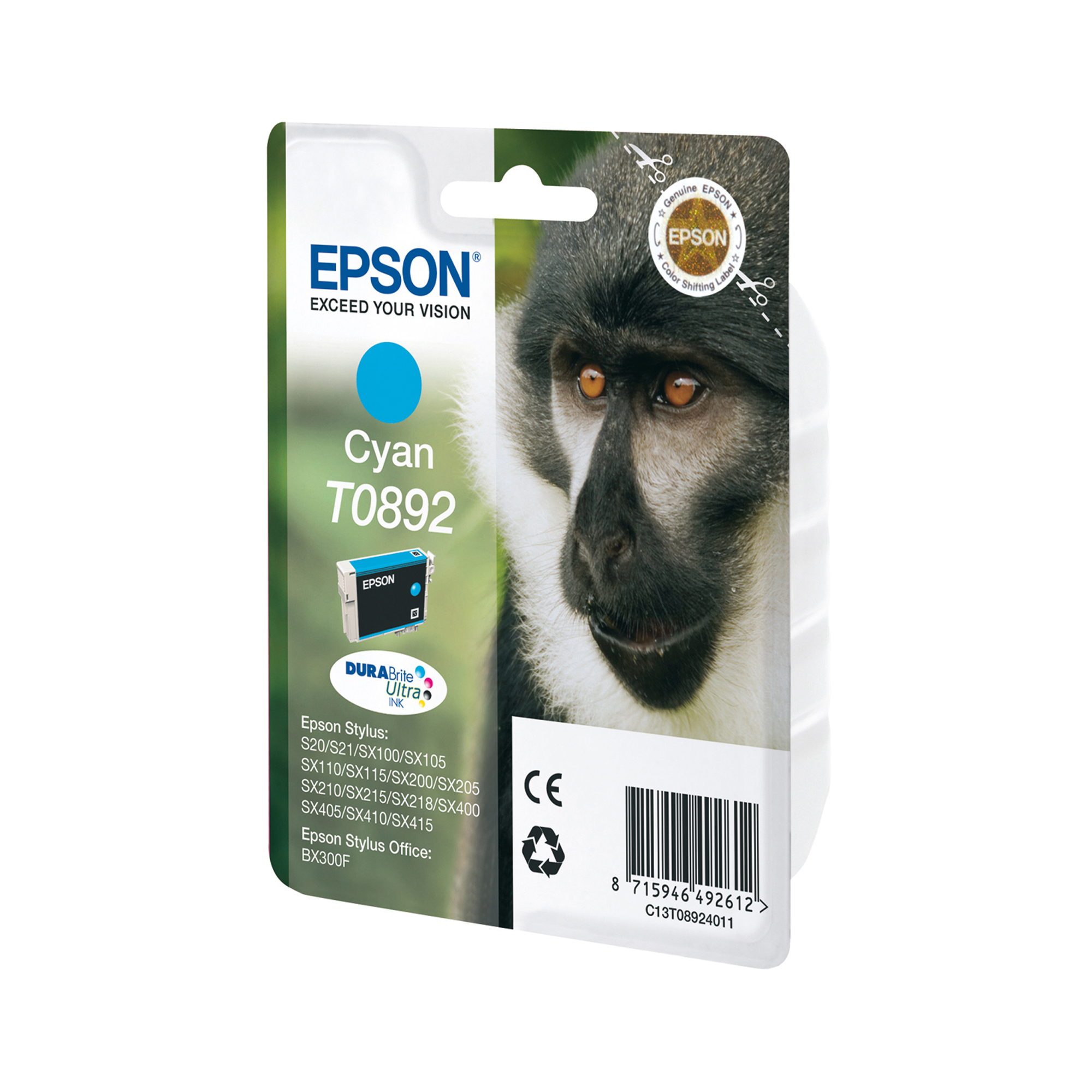 Epson T0892 - 3.5 ml - ciano - originale - blister - cartuccia d'inchiostro - per Stylus S21, SX105, SX110, SX115, SX210, SX215, SX400, SX410, SX415; Stylus Office BX300