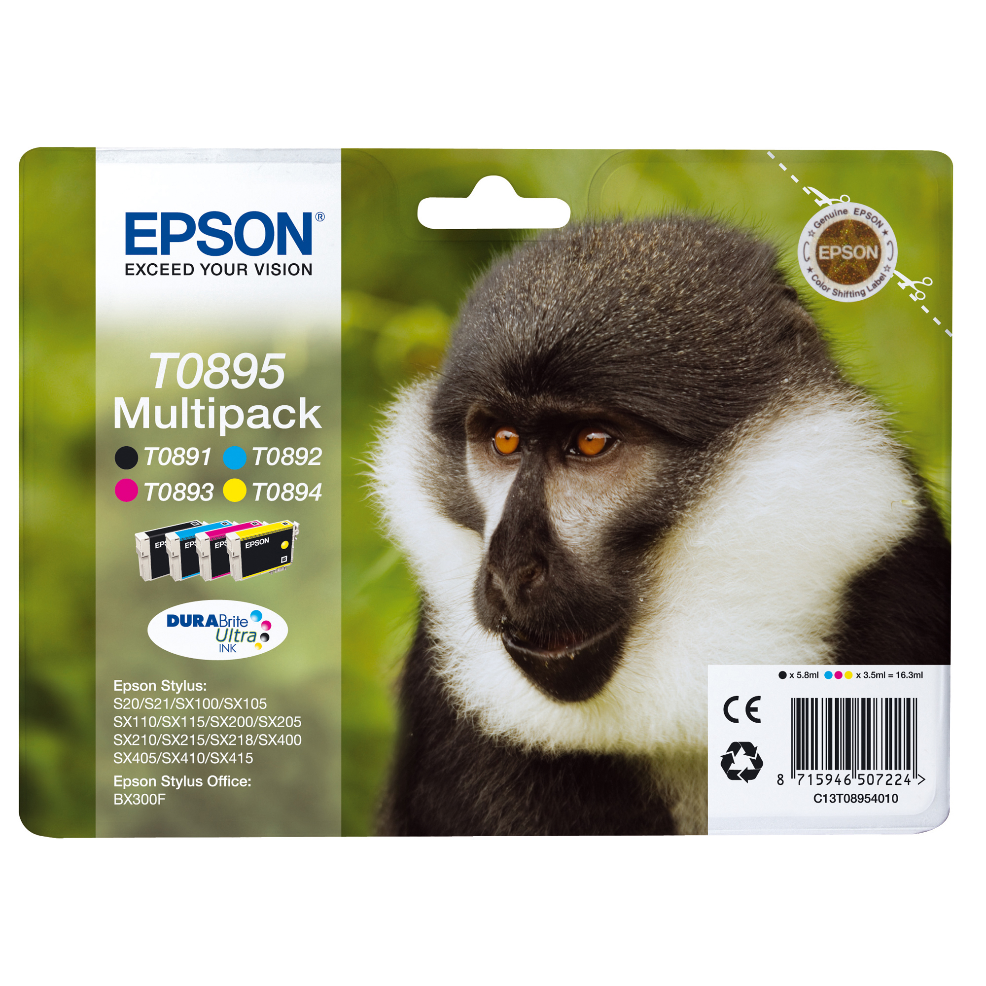 Epson T0895 Multipack - Confezione da 4 - nero, giallo, ciano, magenta - originale - blister - cartuccia d'inchiostro - per Stylus S21, SX110, SX115, SX210, SX215, SX218, SX400, SX410, SX415; Stylus Office BX300