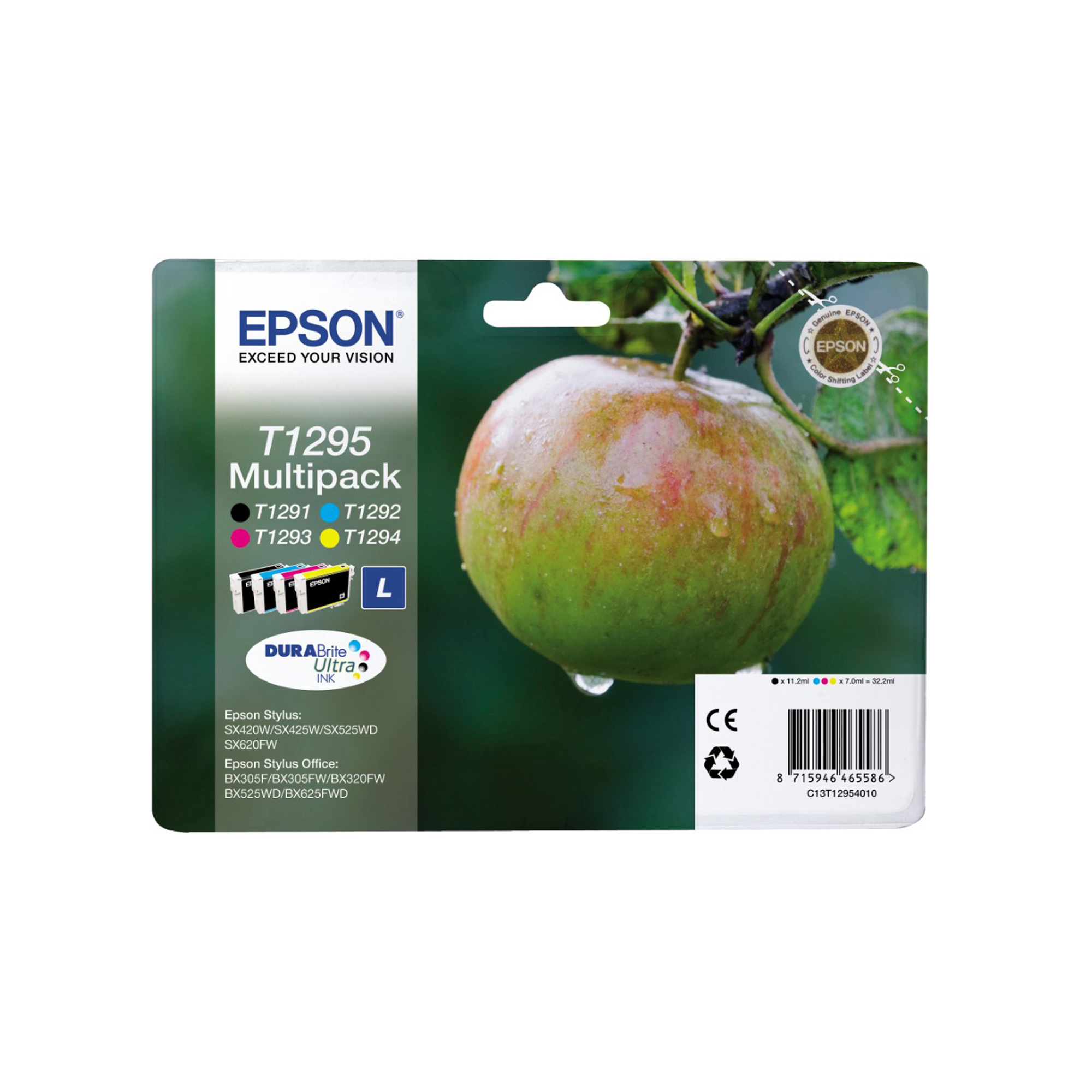 Epson T1295 Multipack - Confezione da 4 - 32.2 ml - nero, giallo, ciano, magenta - originale - blister con radiofrequenza / allarme acustico - cartuccia d'inchiostro - per Stylus SX230, SX235, SX430, SX438; WorkForce WF-3010, 3520, 3530, 3540, 7015, 7515, 7525