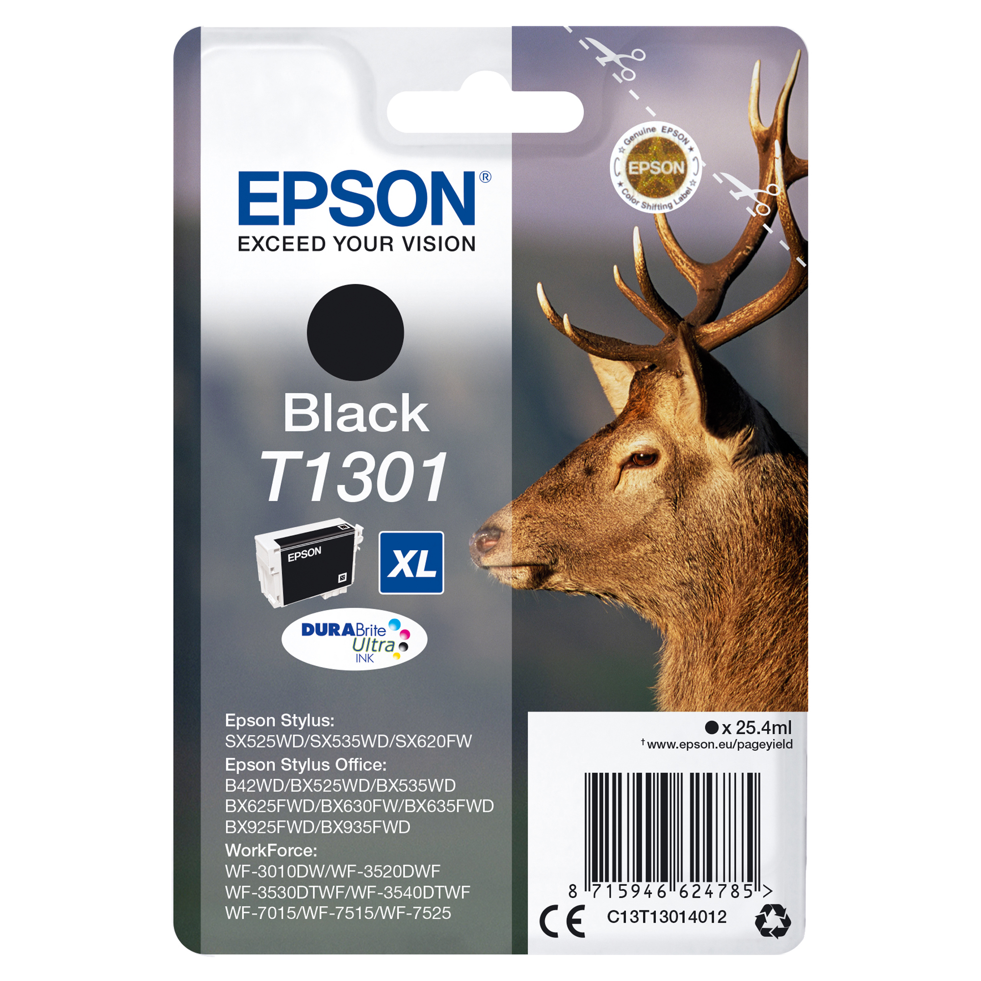 Epson T1301 - 25.4 ml - misura XL - nero - originale - blister - cartuccia d'inchiostro - per Stylus Office BX630, BX635, BX935; WorkForce WF-3010, 3520, 3530, 3540, 7015, 7515, 7525