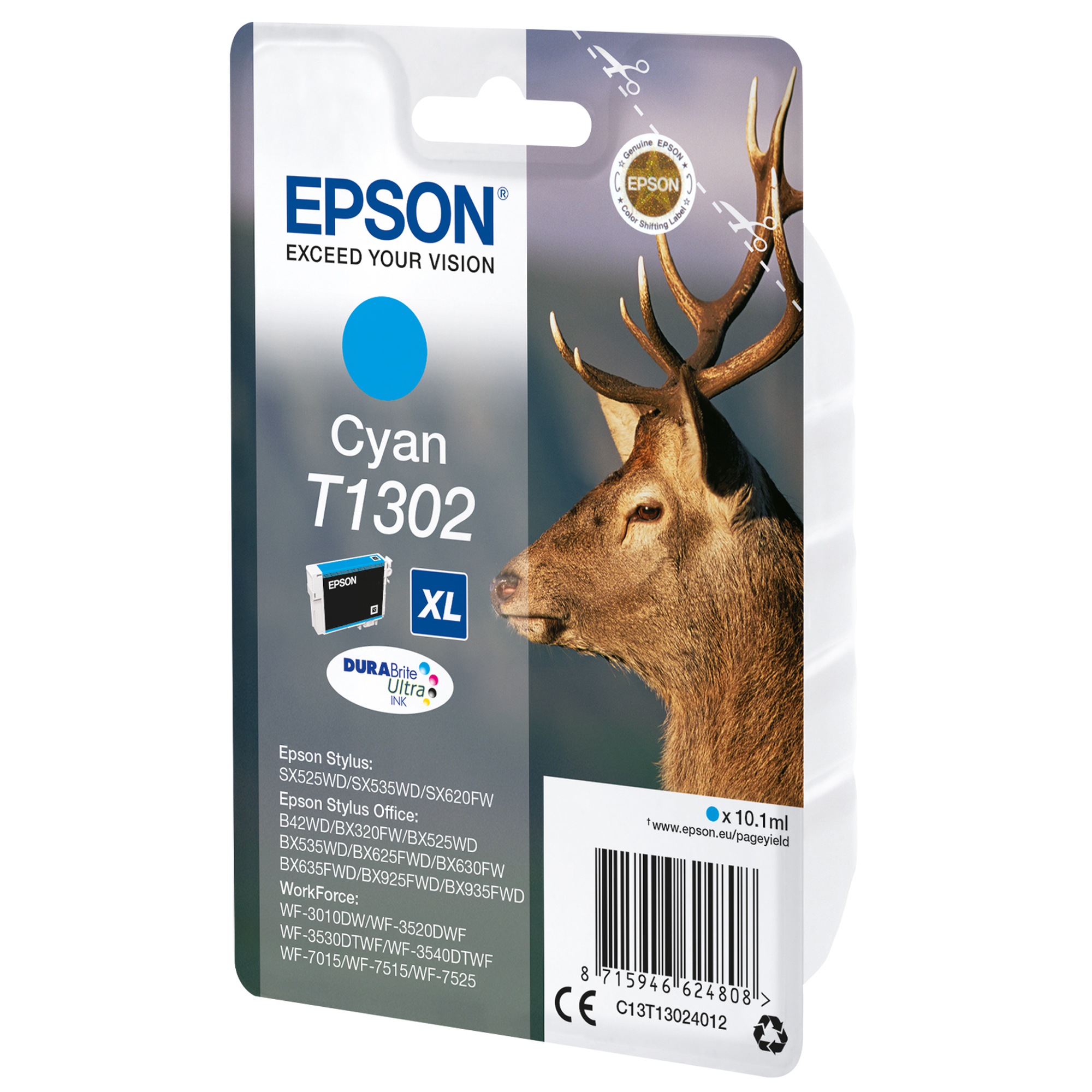 Epson T1302 - 10.1 ml - ciano - originale - blister con radiofrequenza / allarme acustico - cartuccia d'inchiostro (alternativa per: Epson T1302) - per Stylus Office BX630, BX635, BX935; WorkForce WF-3010, 3520, 3530, 3540, 7015, 7515, 7525