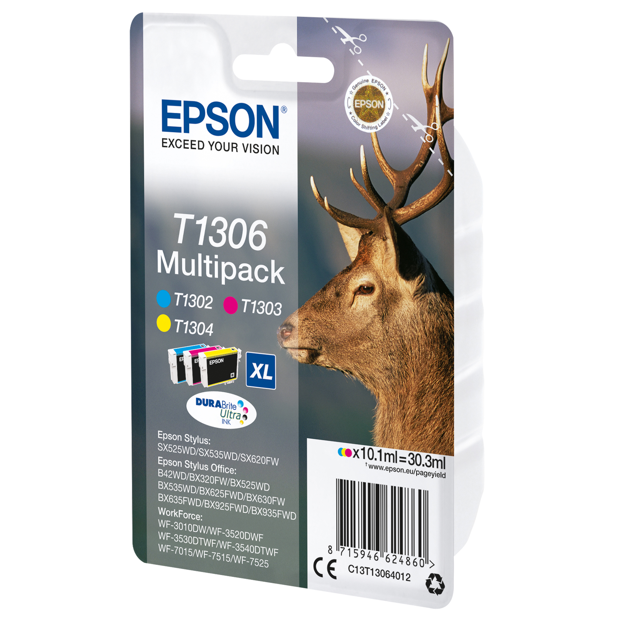 Epson T1306 Multipack - Confezione da 3 - 30.3 ml - XL - giallo, ciano, magenta - originale - cartuccia d'inchiostro - per Stylus Office BX630, BX635, BX935; WorkForce WF-3010, 3520, 3530, 3540, 7015, 7515, 7525