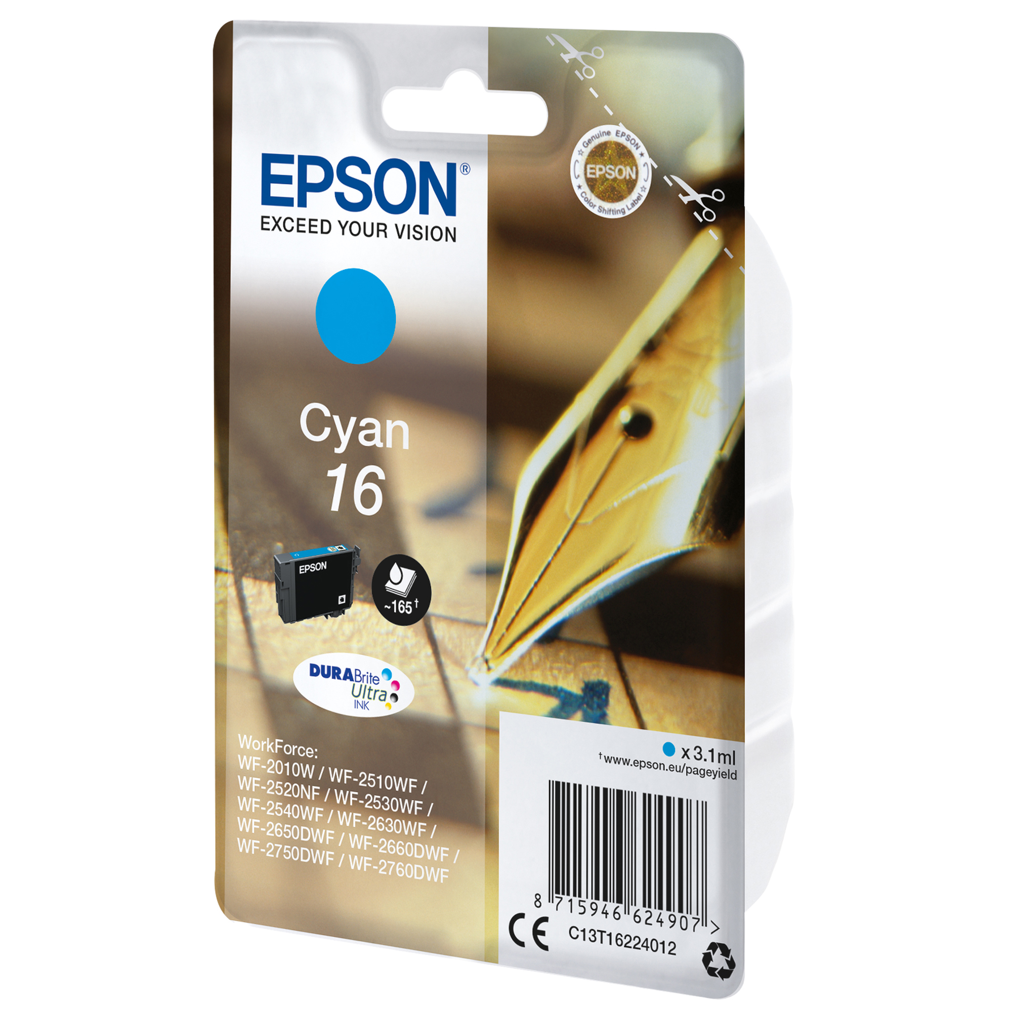 Epson 16 - 3.1 ml - ciano - originale - blister con allarme a radiofrequenza - cartuccia d'inchiostro - per WorkForce WF-2010, 2510, 2520, 2530, 2540, 2630, 2650, 2660, 2750, 2760