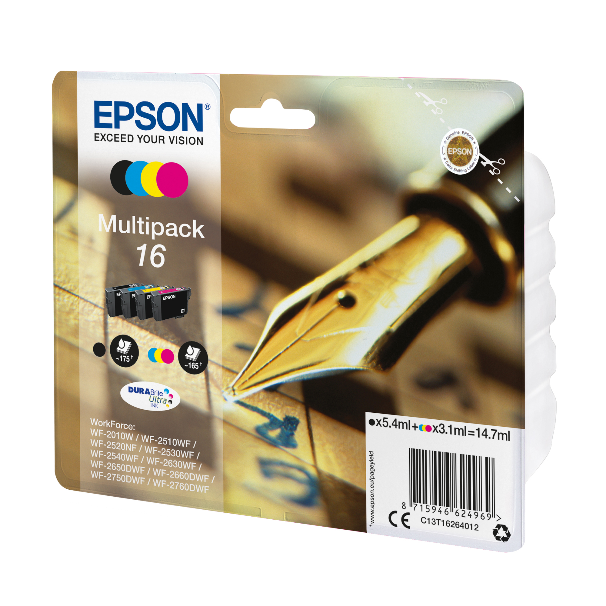Epson 16 Multipack - Confezione da 4 - nero, giallo, ciano, magenta - originale - blister con radiofrequenza / allarme acustico - cartuccia d'inchiostro - per WorkForce WF-2010, 2510, 2520, 2530, 2540, 2630, 2650, 2660, 2750, 2760