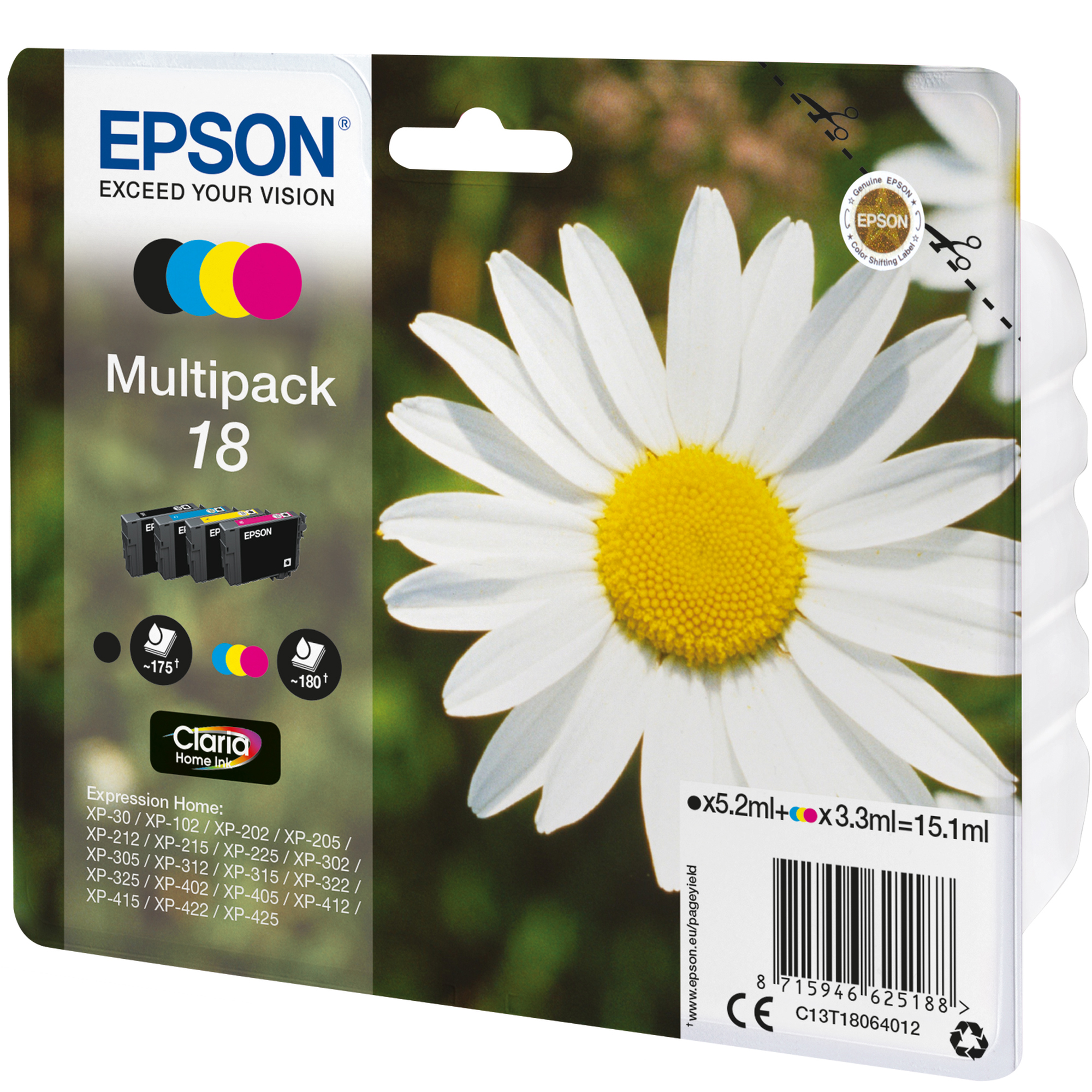 Epson 18 Multipack - Confezione da 4 - 15.1 ml - nero, giallo, ciano, magenta - originale - cartuccia d'inchiostro - per Expression Home XP-212, 215, 225, 312, 315, 322, 325, 412, 415, 422, 425
