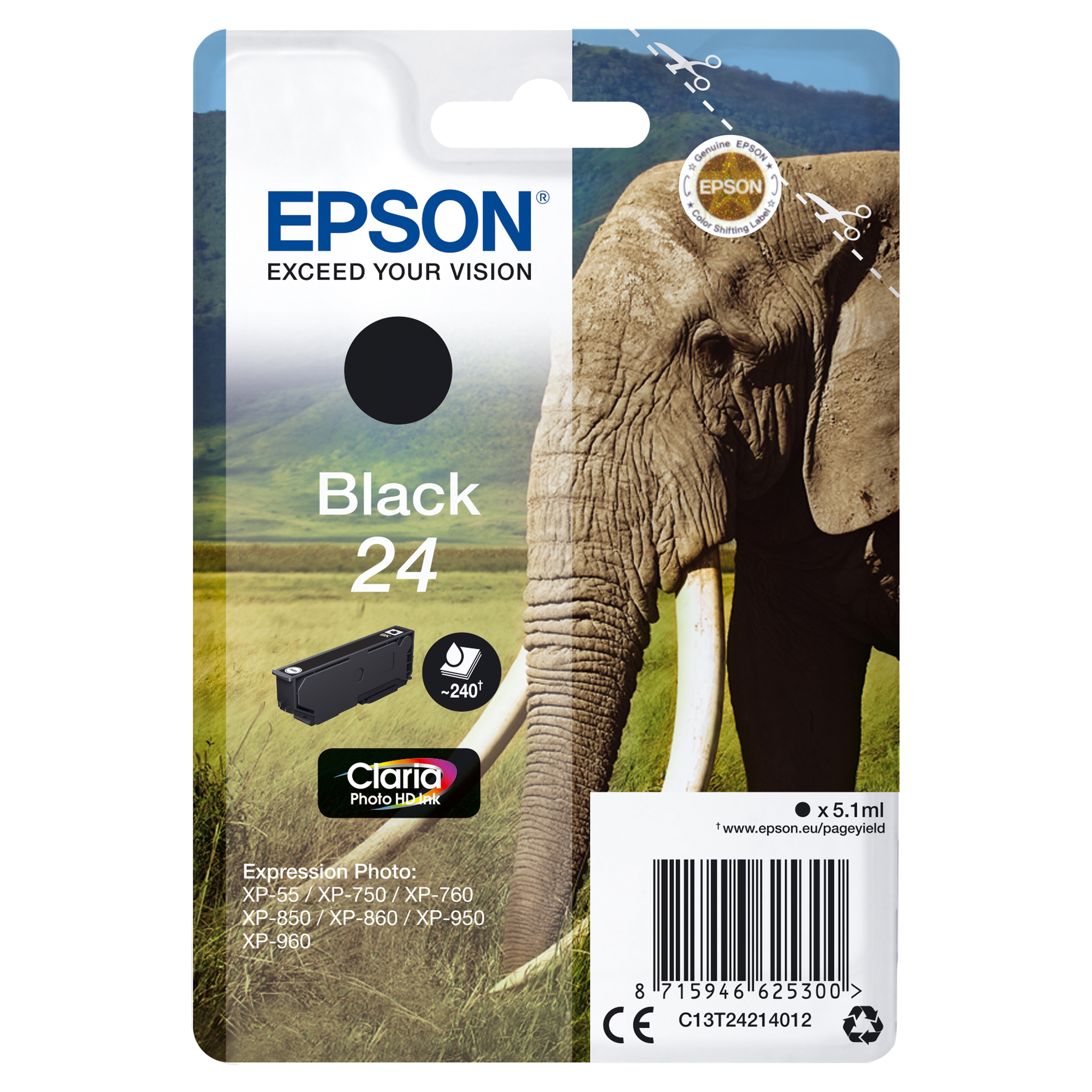 Epson 24 - 5.1 ml - nero - originale - cartuccia d'inchiostro - per Expression Photo XP-55, 750, 760, 850, 860, 950, 960, 970; Expression Premium XP-750, 850