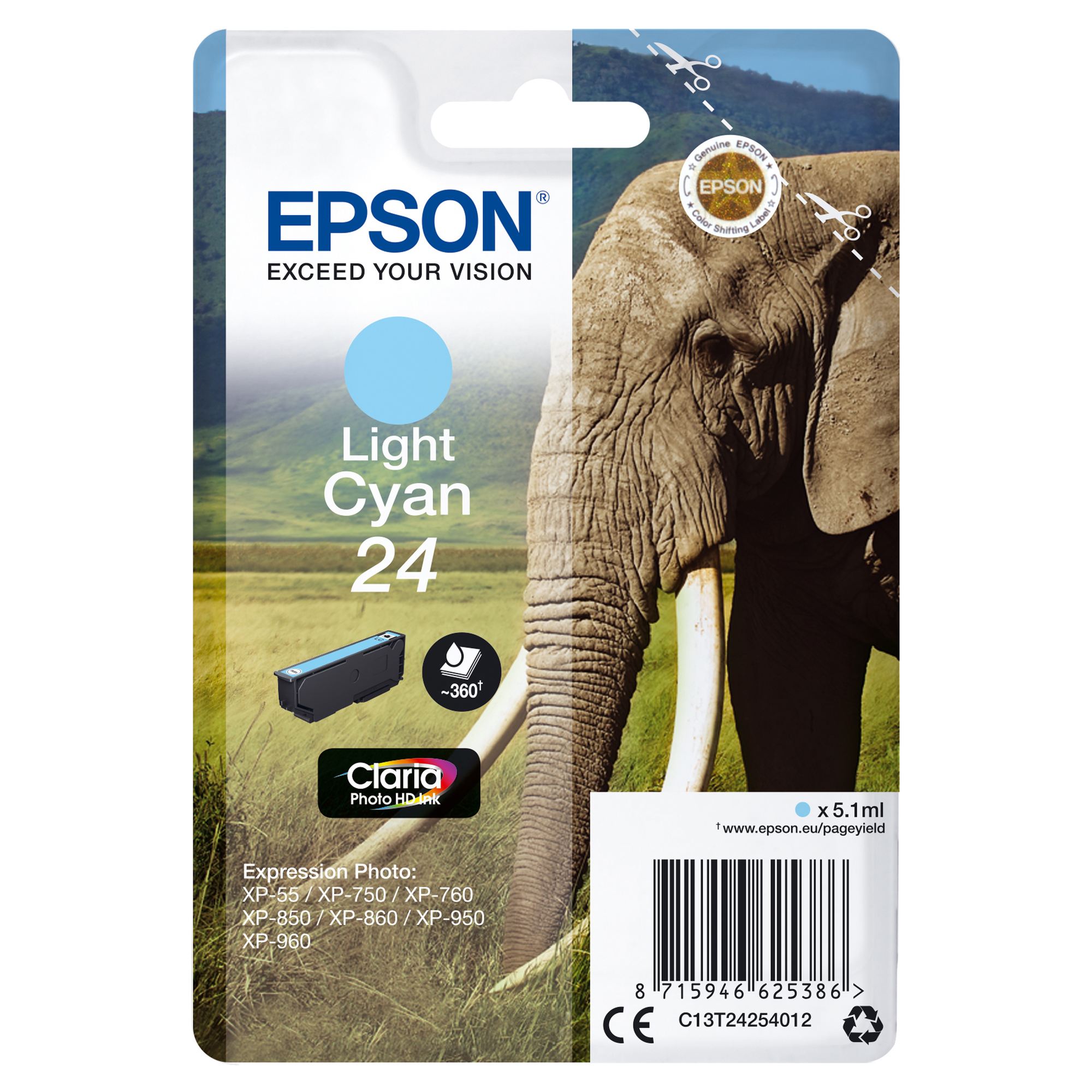 Epson 24 - 5.1 ml - cyan chiaro - originale - cartuccia d'inchiostro - per Expression Photo XP-55, 750, 760, 850, 860, 950, 960, 970; Expression Premium XP-750, 850