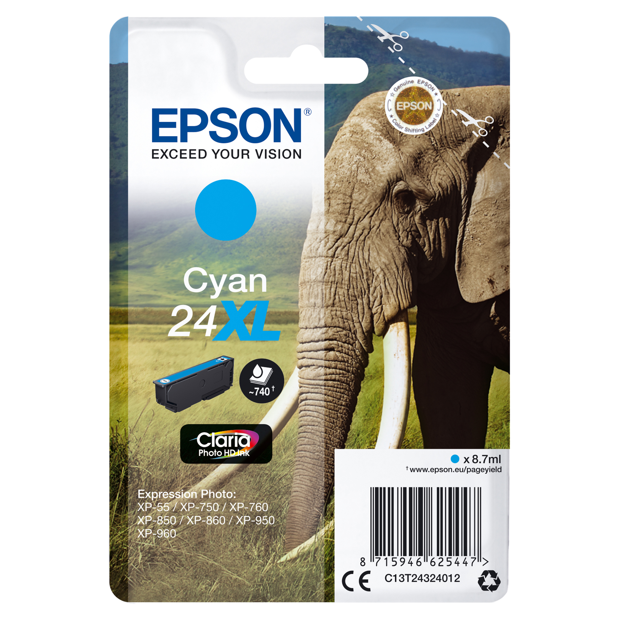 Epson 24XL - 8.7 ml - XL - ciano - originale - cartuccia d'inchiostro - per Expression Photo XP-55, 750, 760, 850, 860, 950, 960, 970; Expression Premium XP-750, 850