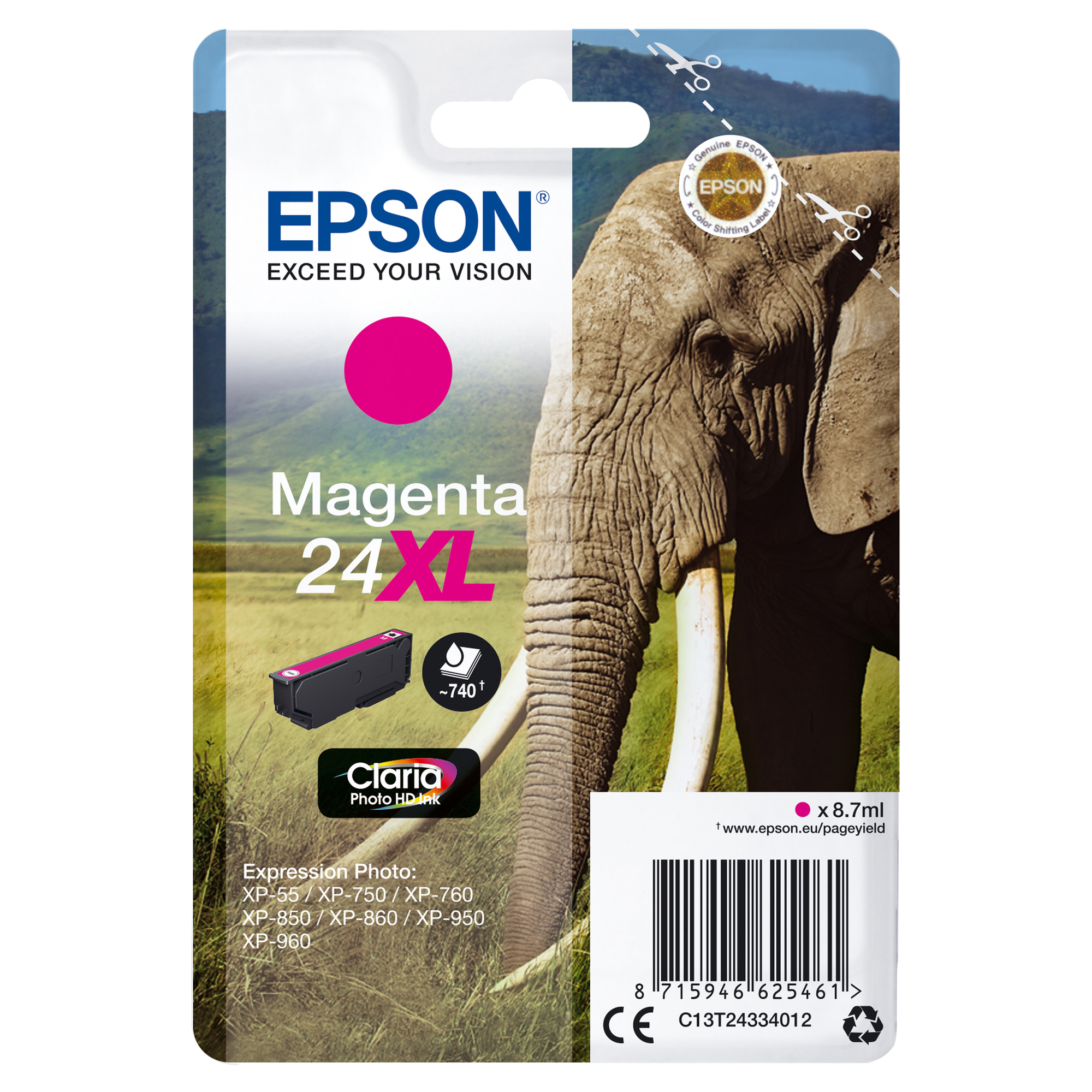 Epson 24XL - 8.7 ml - XL - magenta - originale - cartuccia d'inchiostro - per Expression Photo XP-55, 750, 760, 850, 860, 950, 960, 970; Expression Premium XP-750, 850