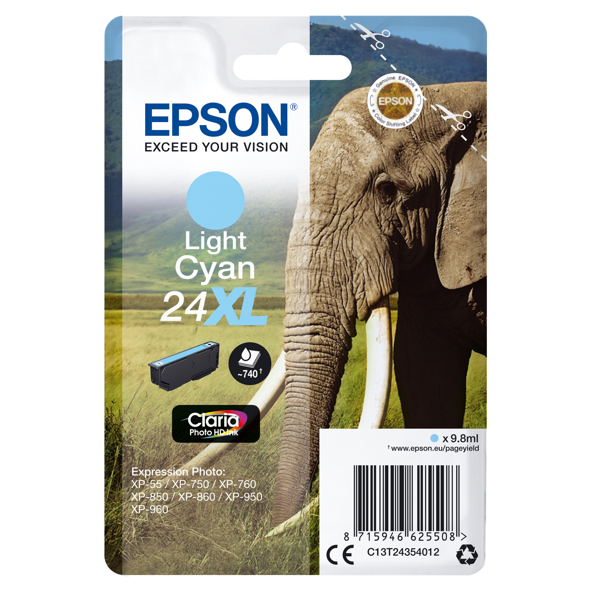 Epson 24XL - 9.8 ml - XL - cyan chiaro - originale - blister con allarme a radiofrequenza - cartuccia d'inchiostro - per Expression Photo XP-55, 750, 760, 850, 860, 950, 960, 970; Expression Premium XP-750, 850