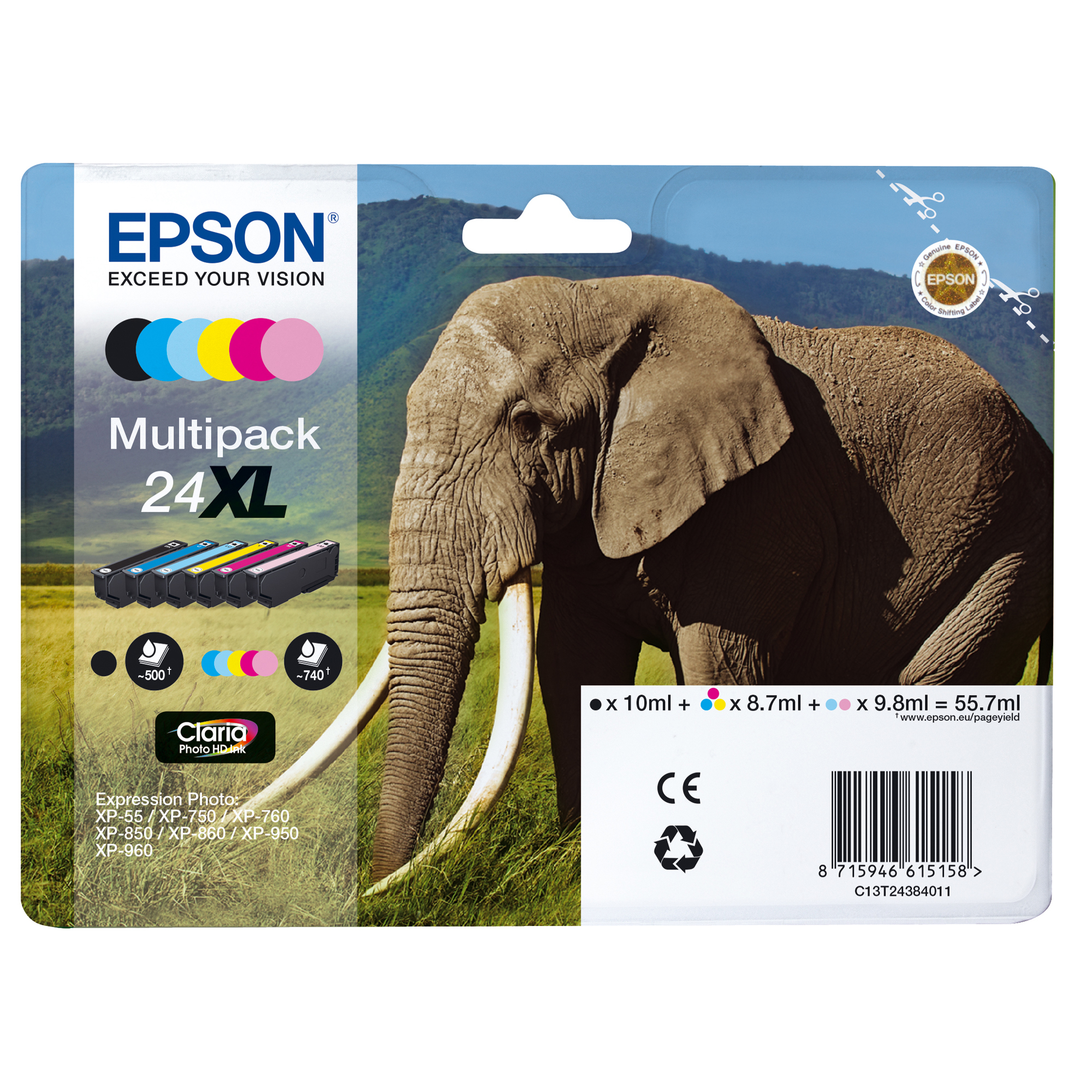 Epson 24XL Multipack - Confezione da 6 - 55.7 ml - XL - nero, giallo, ciano, magenta, magenta chiaro, cyan chiaro - originale - blister - cartuccia d'inchiostro - per Expression Photo XP-55, 750, 760, 850, 860, 950, 960, 970; Expression Premium XP-750, 850