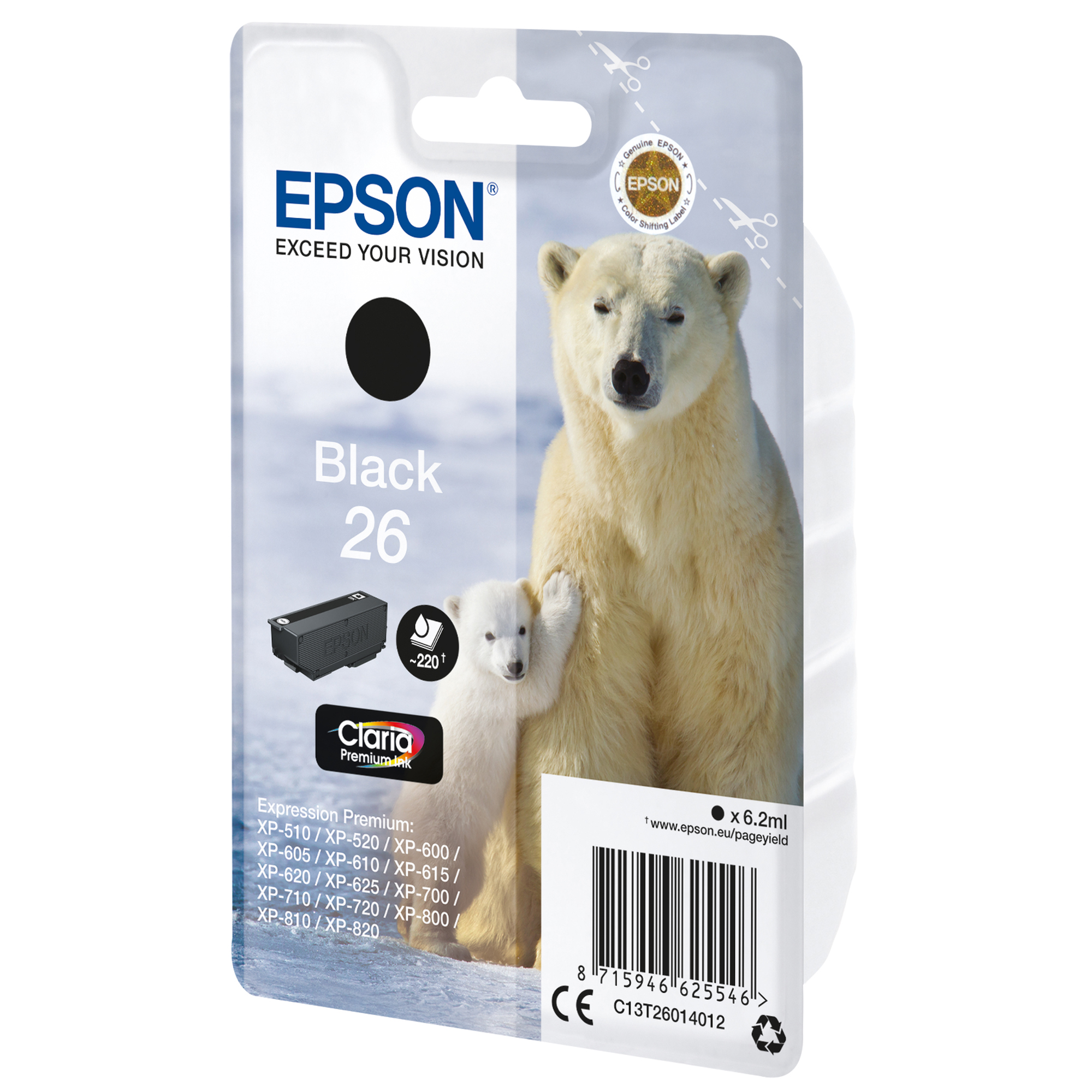 Epson 26 - 6.2 ml - nero - originale - cartuccia d'inchiostro - per Expression Premium XP-510, 520, 600, 605, 610, 615, 620, 625, 700, 710, 720, 800, 810, 820