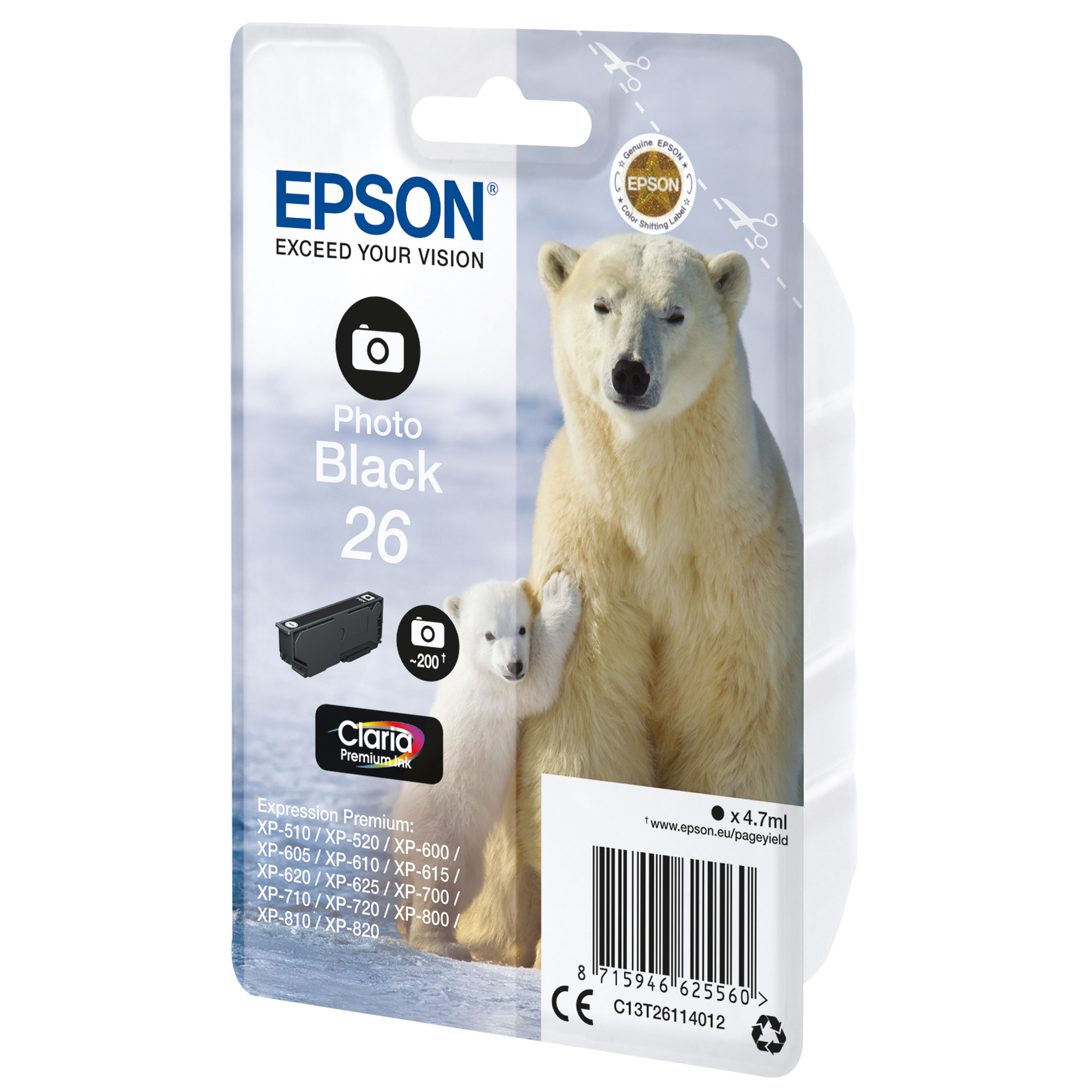 Epson 26 - 4.7 ml - nero per foto - originale - blister - cartuccia d'inchiostro - per Expression Premium XP-510, 520, 600, 605, 610, 615, 620, 625, 700, 710, 720, 800, 810, 820