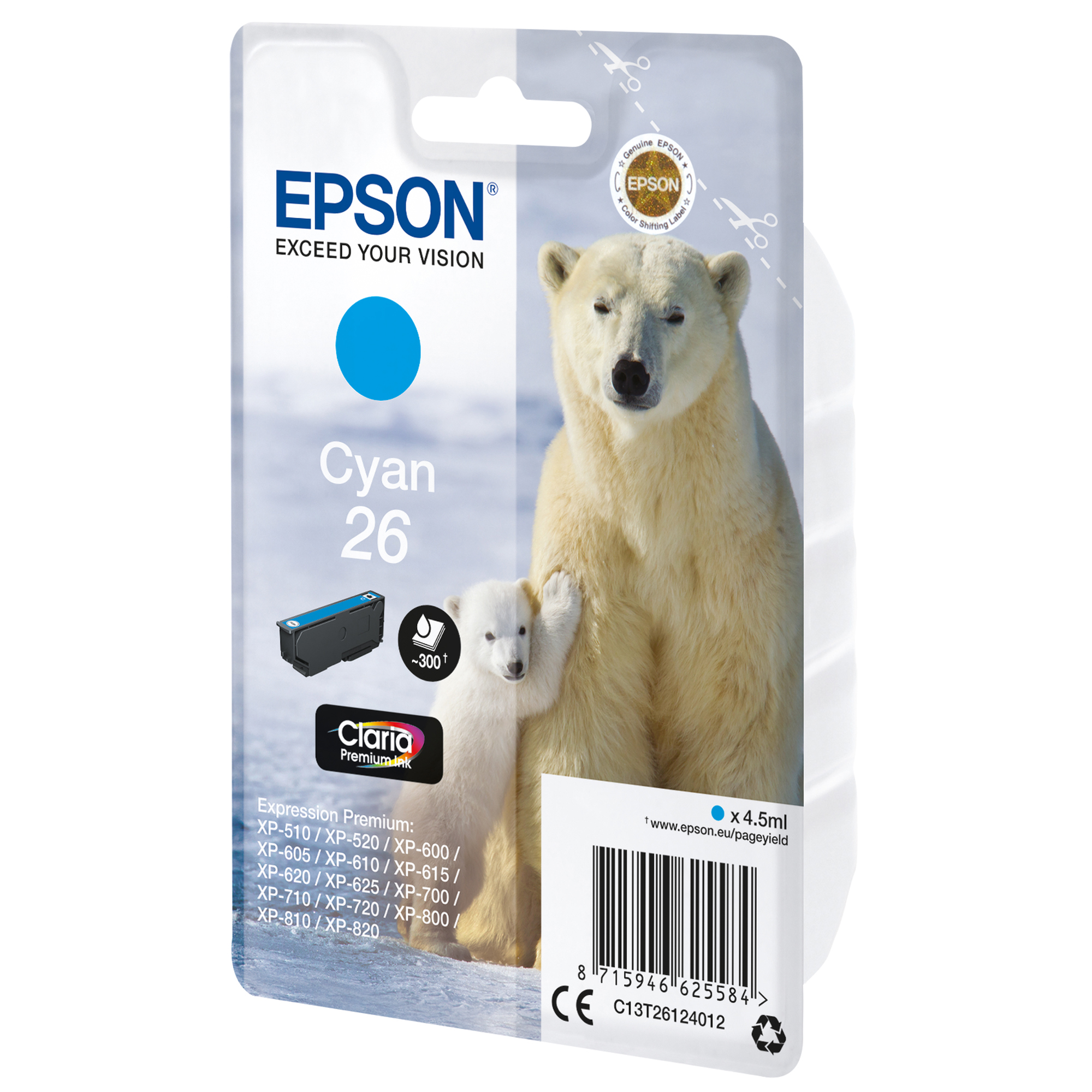 Epson 26 - 4.5 ml - ciano - originale - blister - cartuccia d'inchiostro - per Expression Premium XP-510, 520, 600, 605, 610, 615, 620, 625, 700, 710, 720, 800, 810, 820