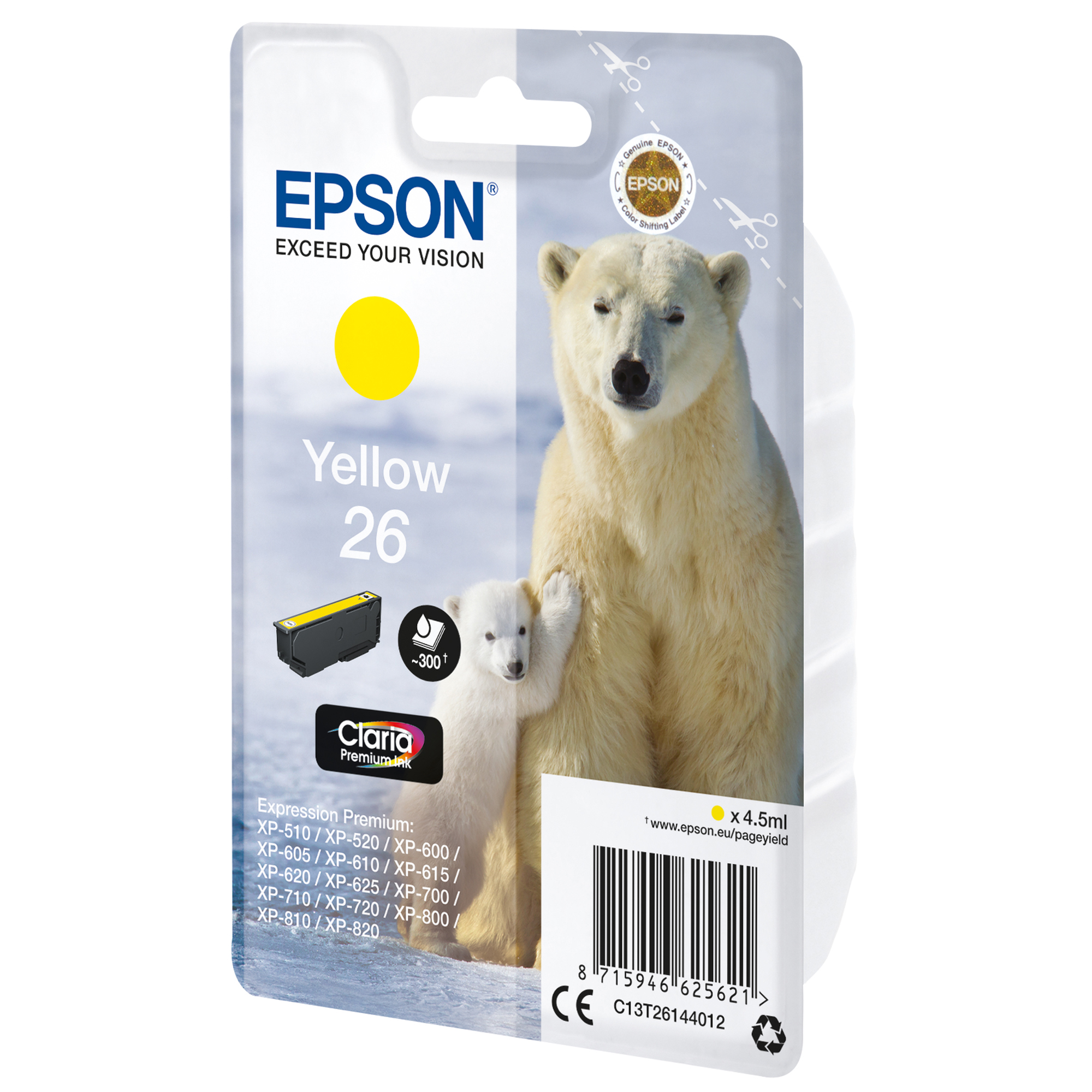Epson 26 - 4.5 ml - giallo - originale - blister - cartuccia d'inchiostro - per Expression Premium XP-510, 520, 600, 605, 610, 615, 620, 625, 700, 710, 720, 800, 810, 820