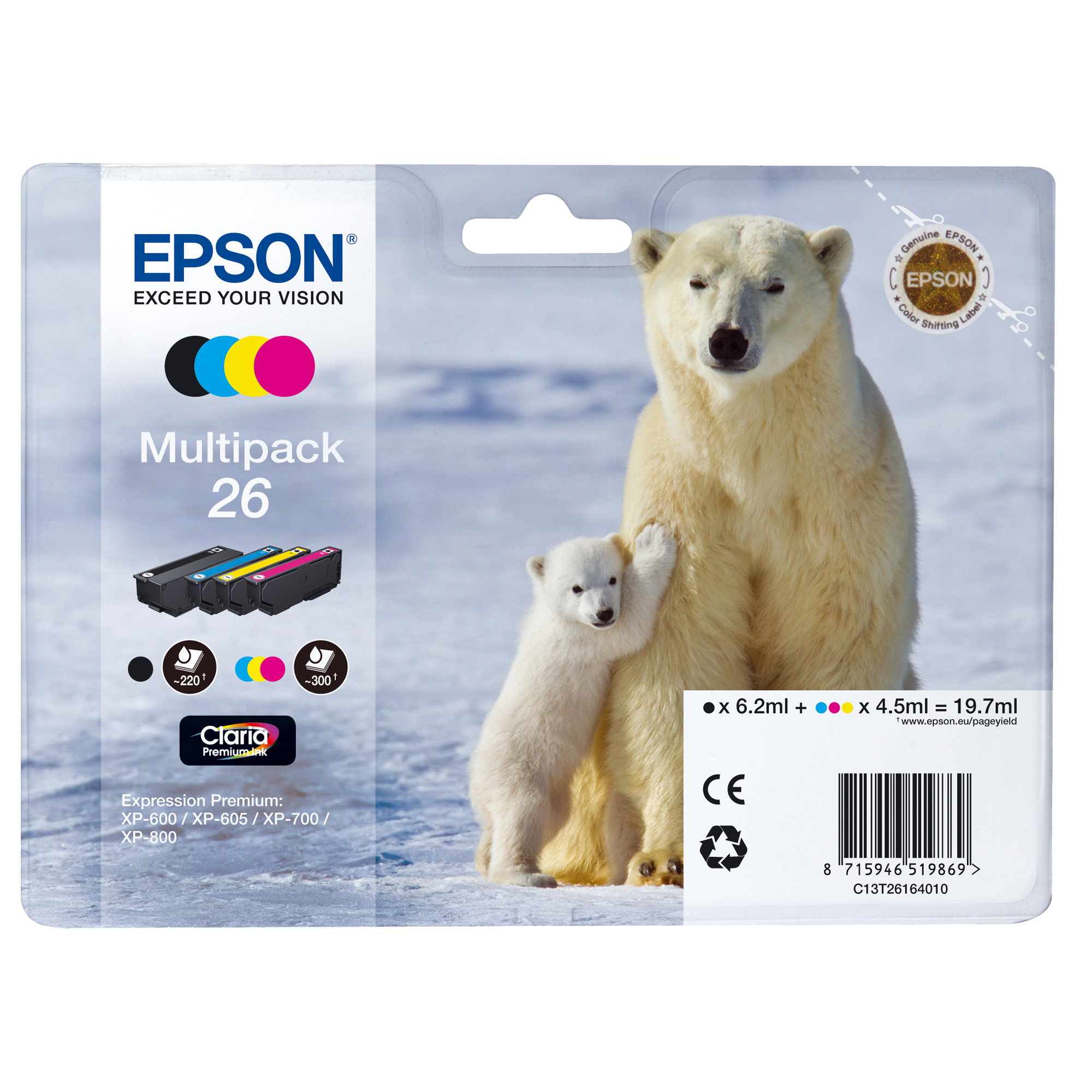 Epson 26 Multipack - Confezione da 4 - nero, giallo, ciano, magenta - originale - cartuccia d'inchiostro - per Expression Premium XP-510, 520, 600, 605, 610, 615, 620, 625, 700, 710, 720, 800, 810, 820