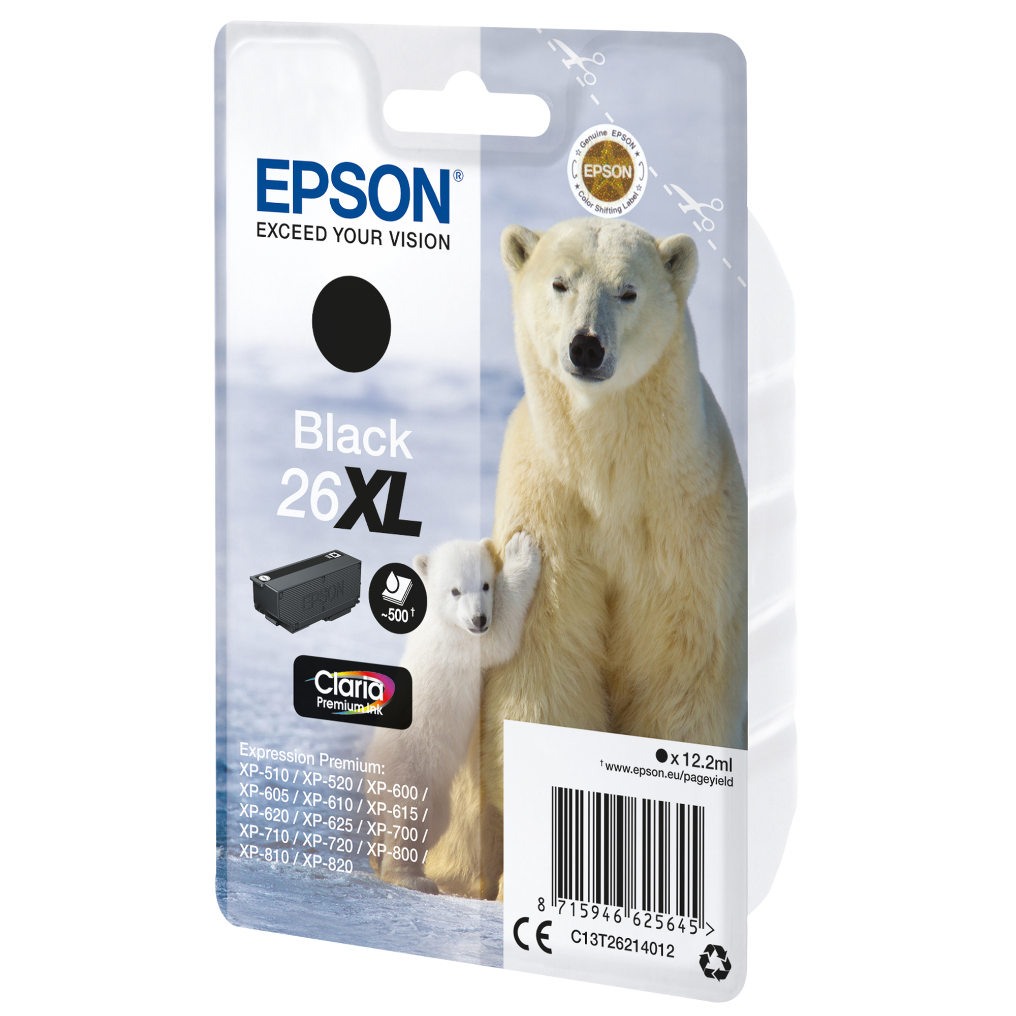 Epson 26XL - 12.2 ml - XL - nero - originale - blister - cartuccia d'inchiostro - per Expression Premium XP-510, 520, 600, 605, 610, 615, 620, 625, 700, 710, 720, 800, 810, 820