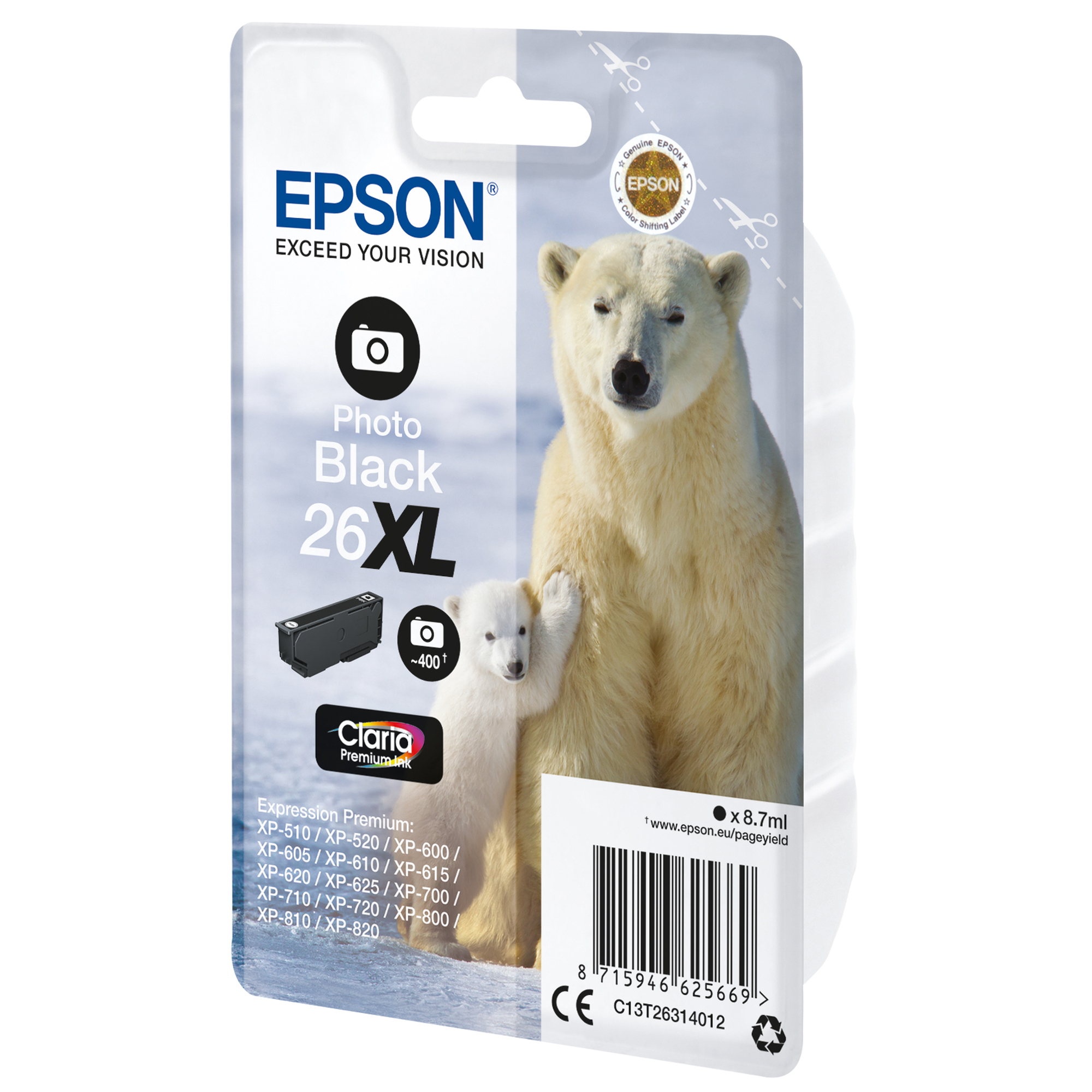 Epson 26XL - 8.7 ml - XL - nero per foto - originale - blister - cartuccia d'inchiostro - per Expression Premium XP-510, 520, 600, 605, 610, 615, 620, 625, 700, 710, 720, 800, 810, 820